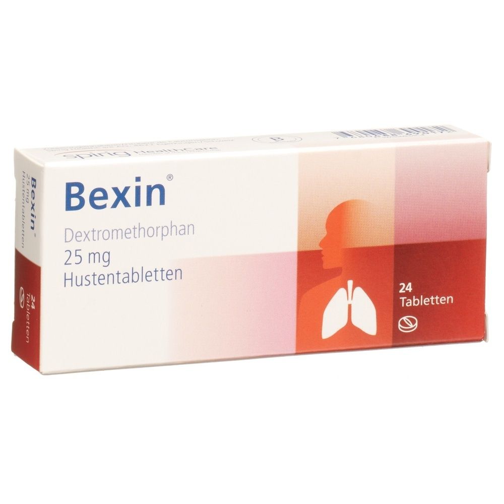 Karton BEXIN Hustentabletten. Weiß, rot und orangefarbene Verpackung. Text: BEXIN, Hustentabletten, 25 mg, 24 Stk. Darstellung von Lunge.