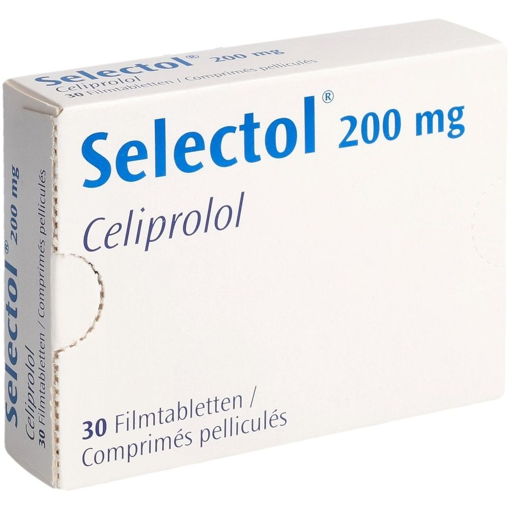 Boîte blanche avec texte bleu. Inscription: Selectol 200 mg. Paquet de 30 comprimés pelliculés.