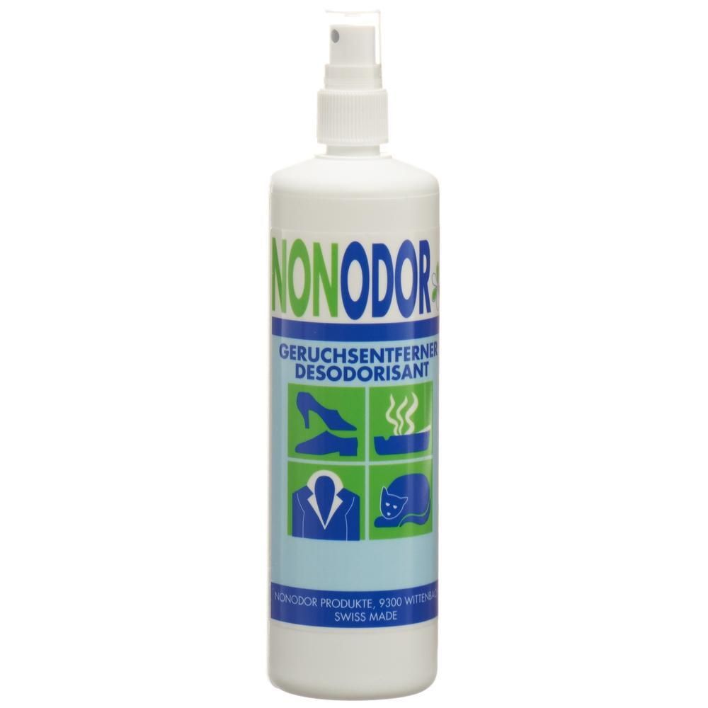 Weiße Sprühflasche mit NONODOR Schriftzug. Zeigt Icons für Schuhe, Kleidung, Rauch und Katze.