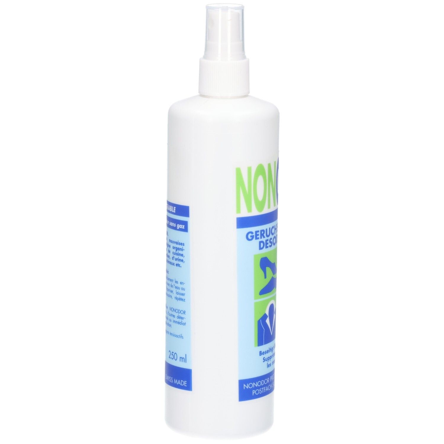Weiße Sprühflasche mit blau-grünem Etikett. Enthält 250 ml. Beschriftung: NONOXX GERUCH DESO.