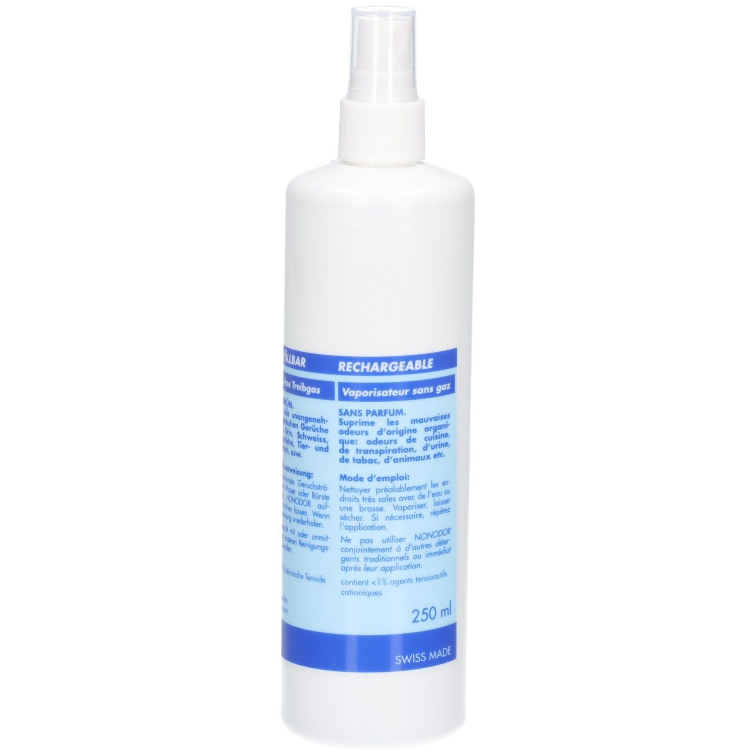 Weiße Sprühflasche mit blauem Etikett, 250 ml, wiederaufladbar, ohne Gas.