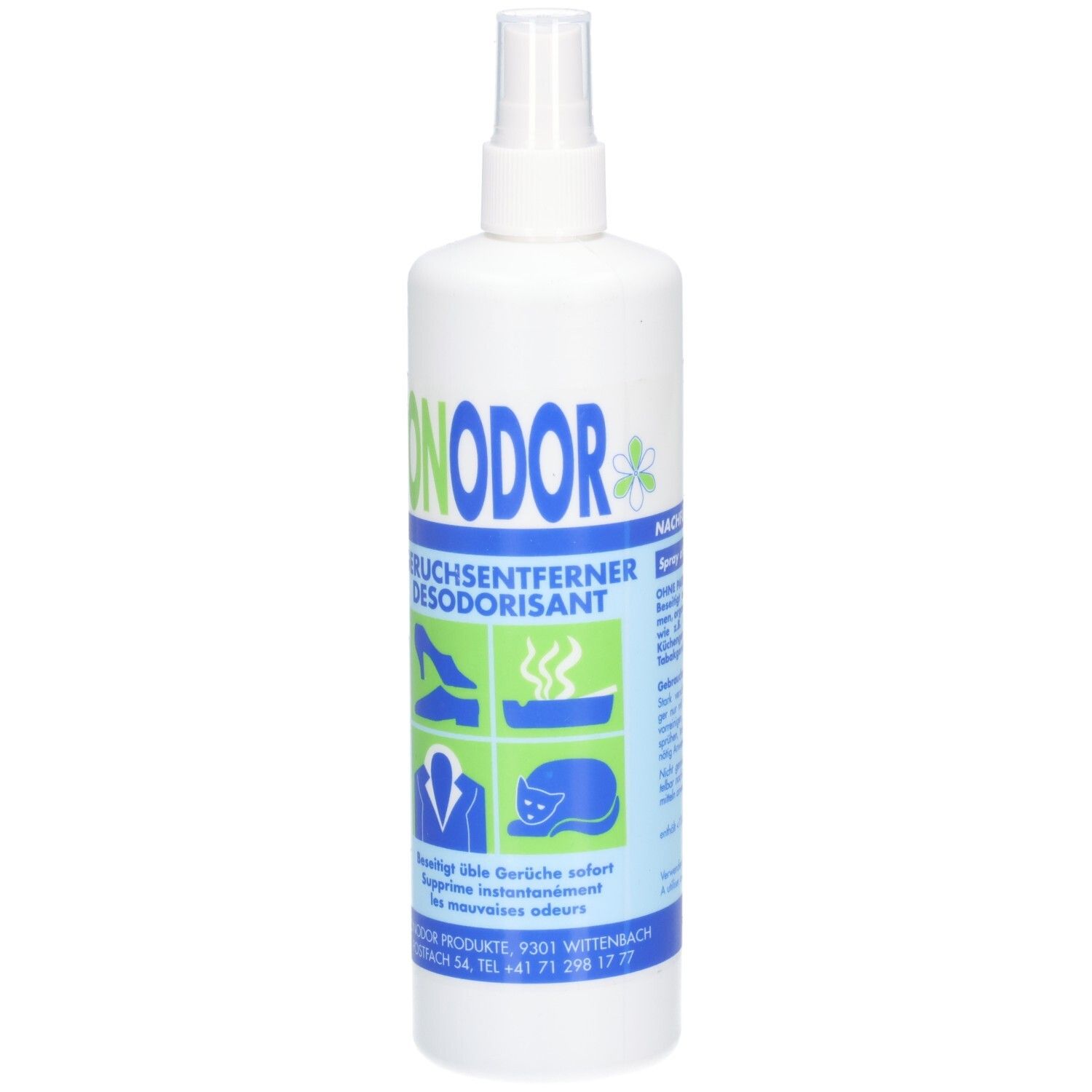 Weiße Sprühflasche mit blau-grünem Etikett. "ONODOR" Schriftzug oben. Text und Piktogramme für Geruchsentfernung.