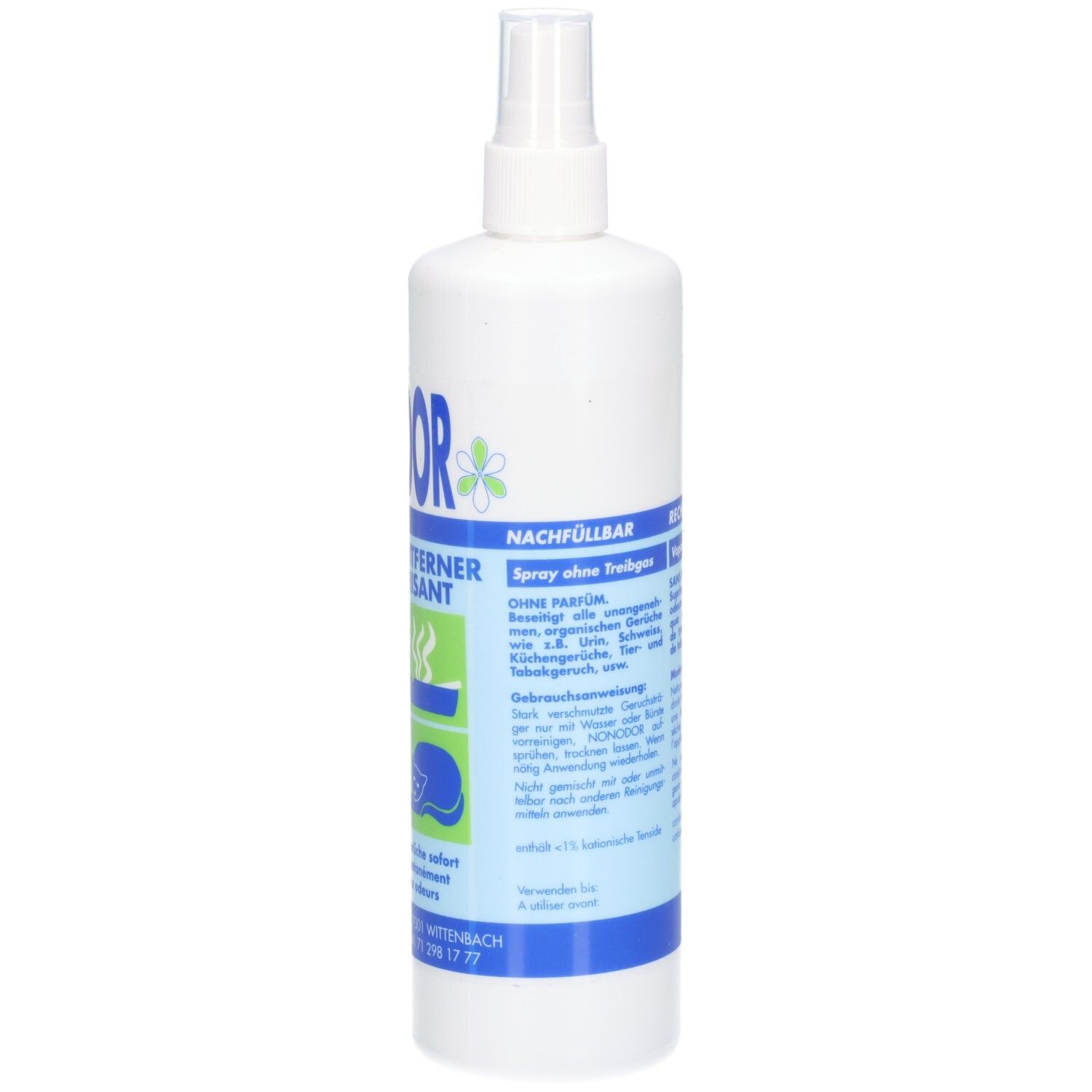 Weiße Sprühflasche mit blauem Etikett, Nachfüllbar, Spray ohne Duftstoffe.