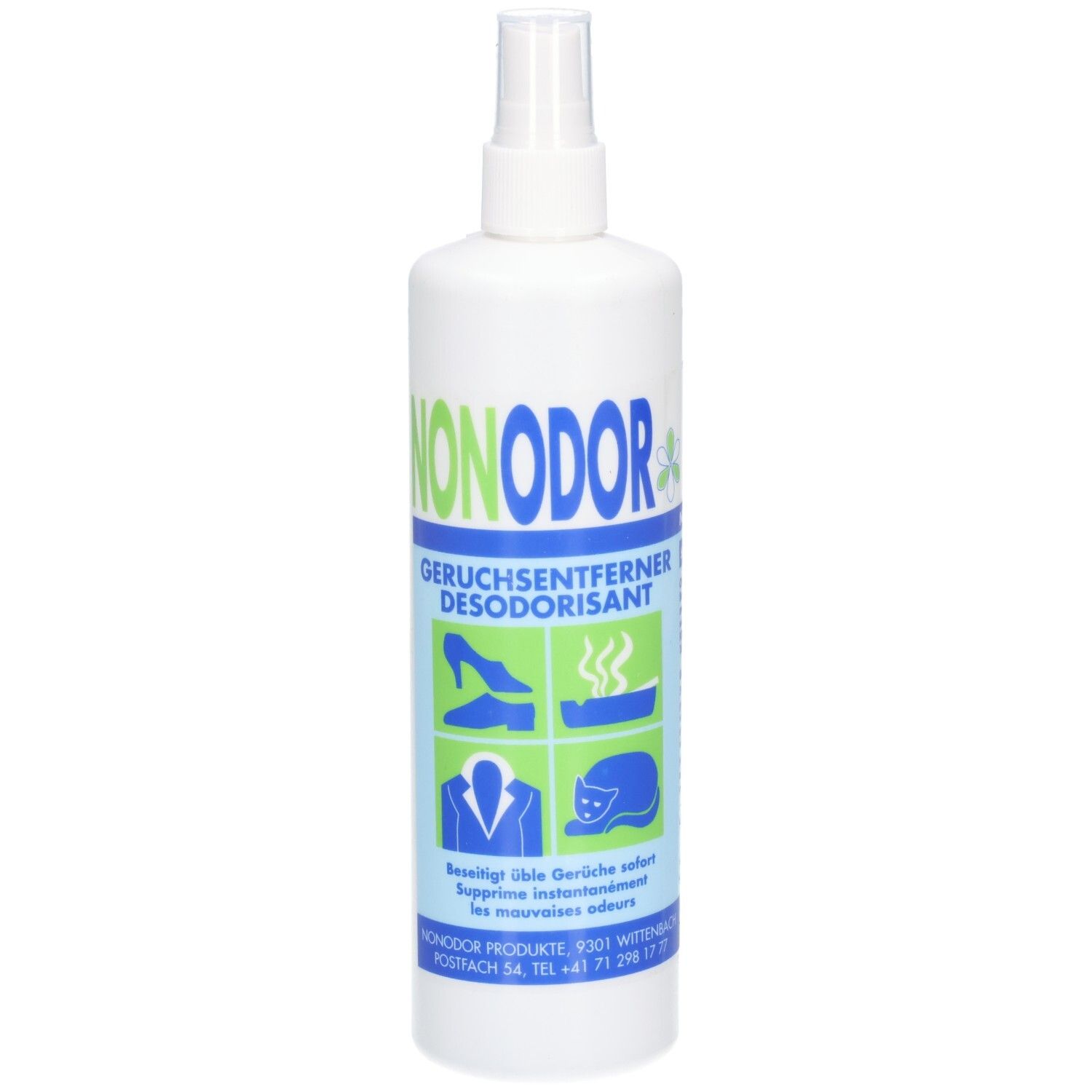 Weiße Sprühflasche mit NONODOR Geruchsentferner. Zeigt Icons für Schuhe, Bad, Kleidung und Katze.