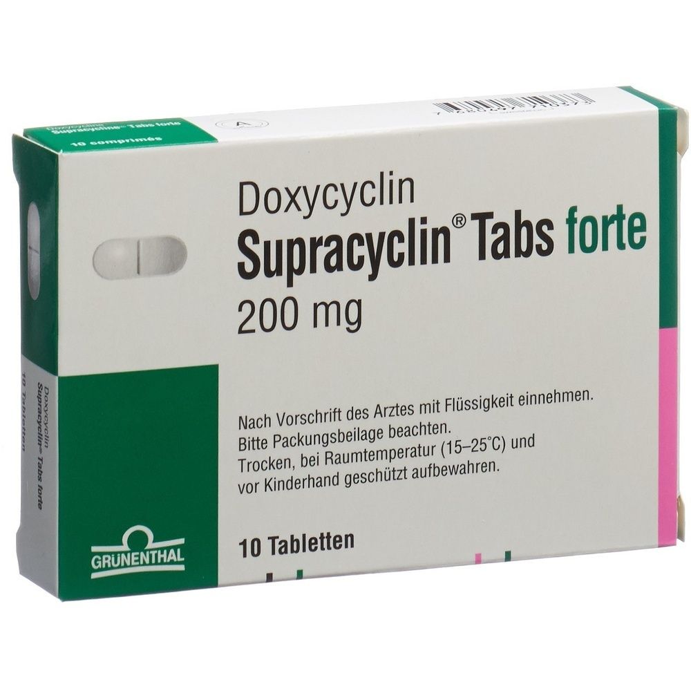 Schachtel mit SUPRACYCLIN Tabs forte. Grün-weißes Design mit Produktnamen und 200 mg Angabe. 10 Tabletten.