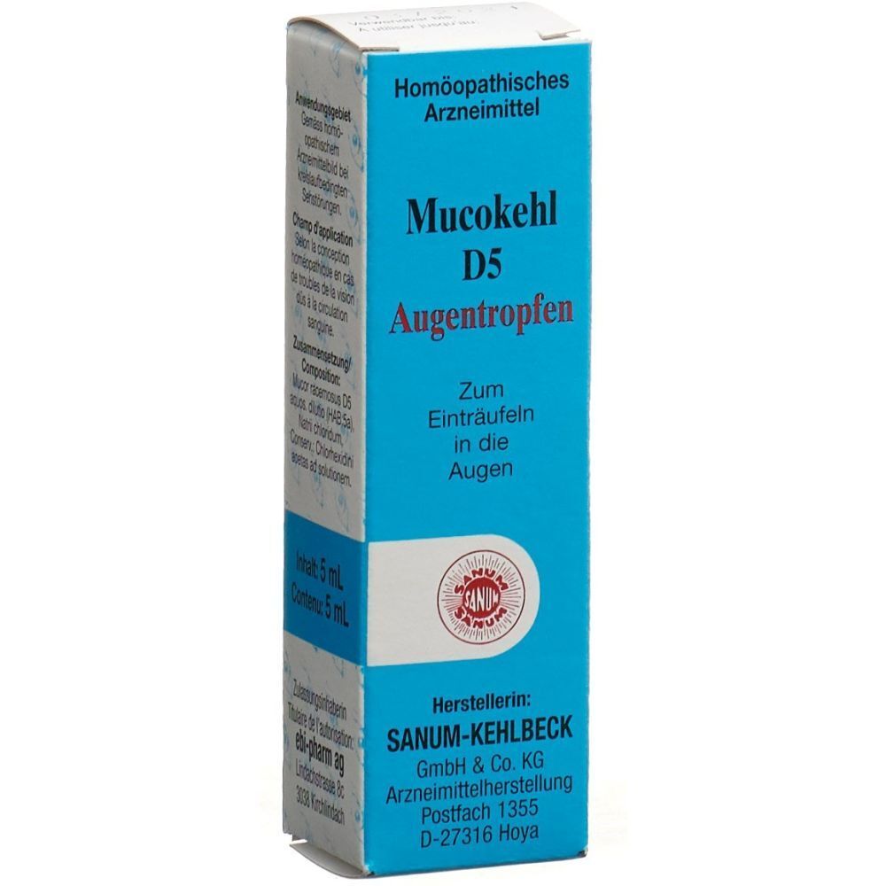 Blau-weiße Faltschachtel mit Aufschrift Mucokehl D5 Augentropfen. Hersteller SANUM-KEHLBECK. Homöopathisches Arzneimittel.