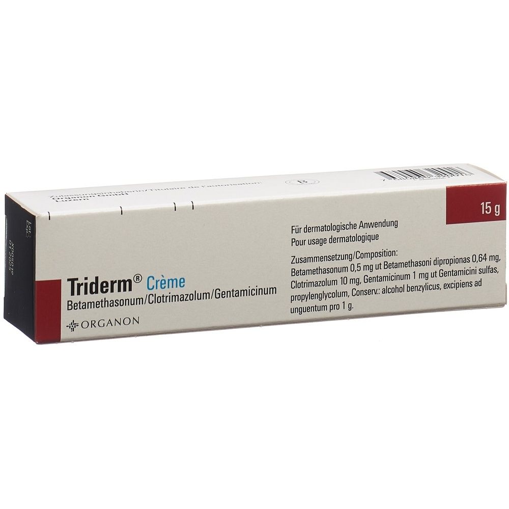 Schachtel mit Triderm Crème. Roter Streifen mit 15 g. Text: Betamethasonum/Clotrimazolum/Gentamicinum. Marke: ORGANON.