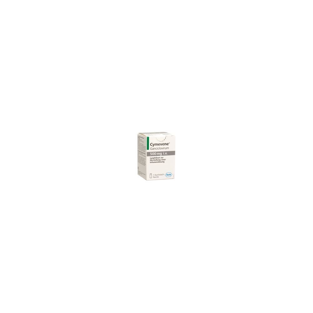 Kartonverpackung mit Produktinformationen. Aufschrift: CYMEVENE, 500 mg i.v. Trockensubstanz. Grün-graue Farbgebung.