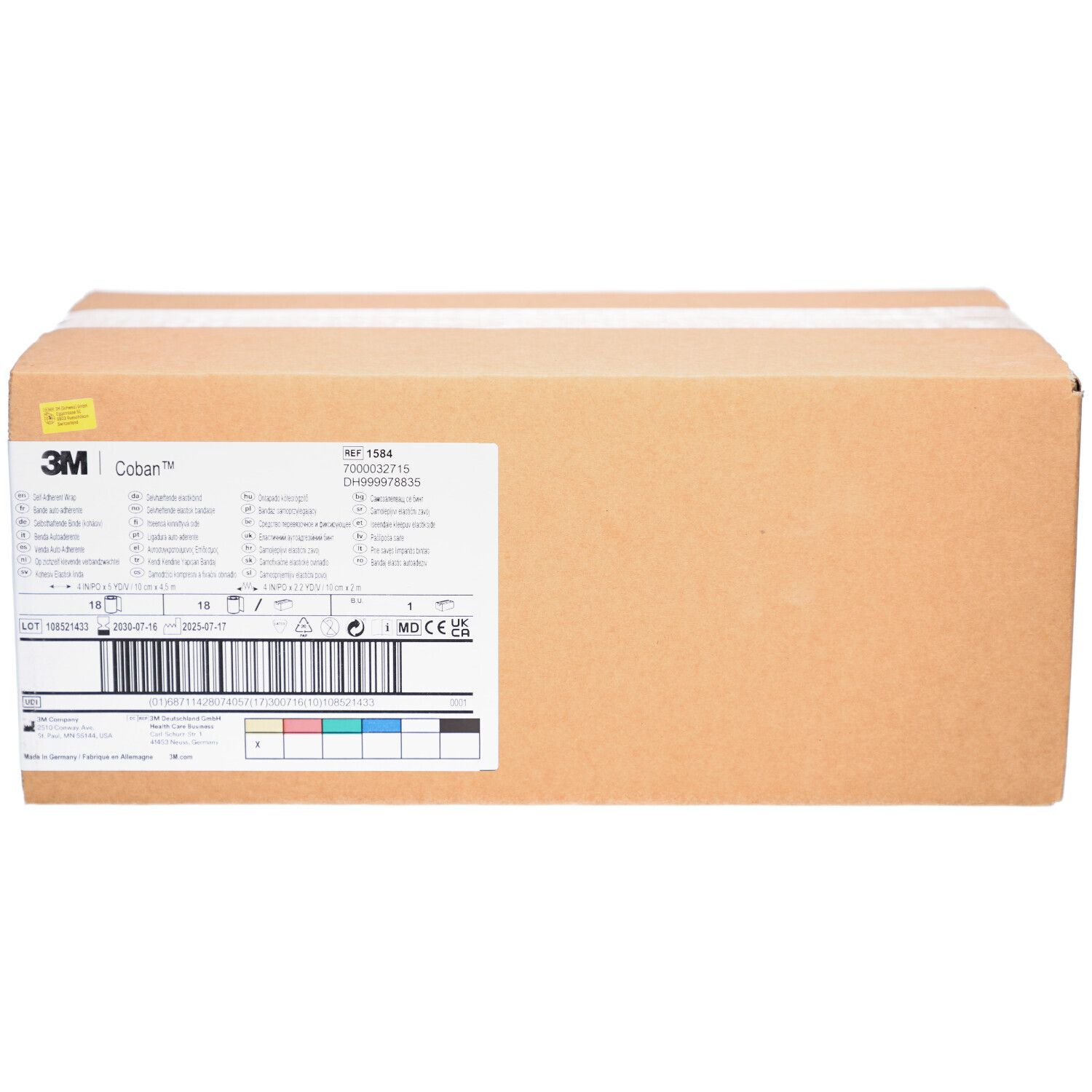 Braune Kartonverpackung. Aufdruck mit Produktinformationen und 3M Coban Logo. Farbcodierung und Barcode.