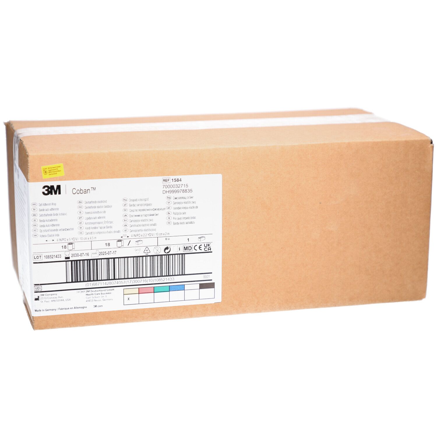 Braune Kartonverpackung. Aufdruck mit Produktinformationen und 3M Coban Logo. Farbcodierung und Barcode.