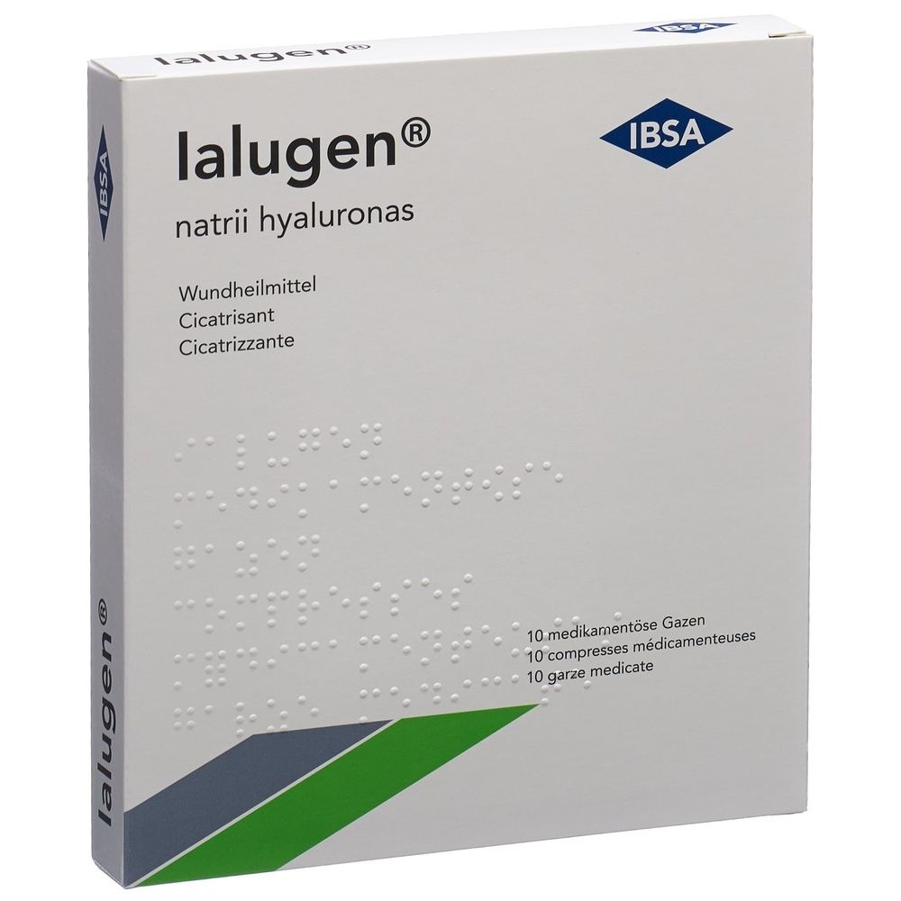 Weiße Verpackung mit "Ialugen" und "IBSA" Logo. Text in Deutsch, Französisch und Italienisch. Enthält 10 medizinische Gazen.