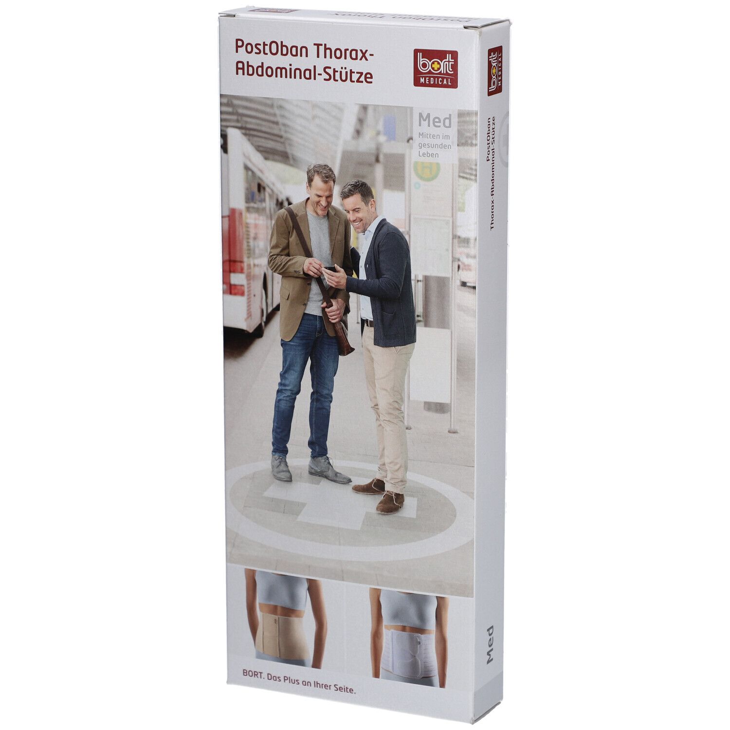Verpackung der Bort Abdominalstütze. Vorderseite mit Produktabbildung und Personen. Größe: Med.