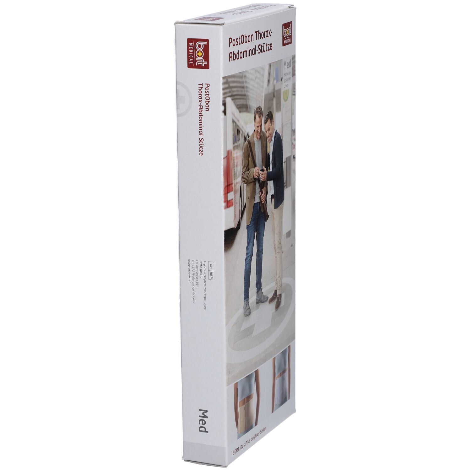Seitenansicht der Bort Abdominalstütze Verpackung. Produktname und Logo sichtbar. Größe: Med.