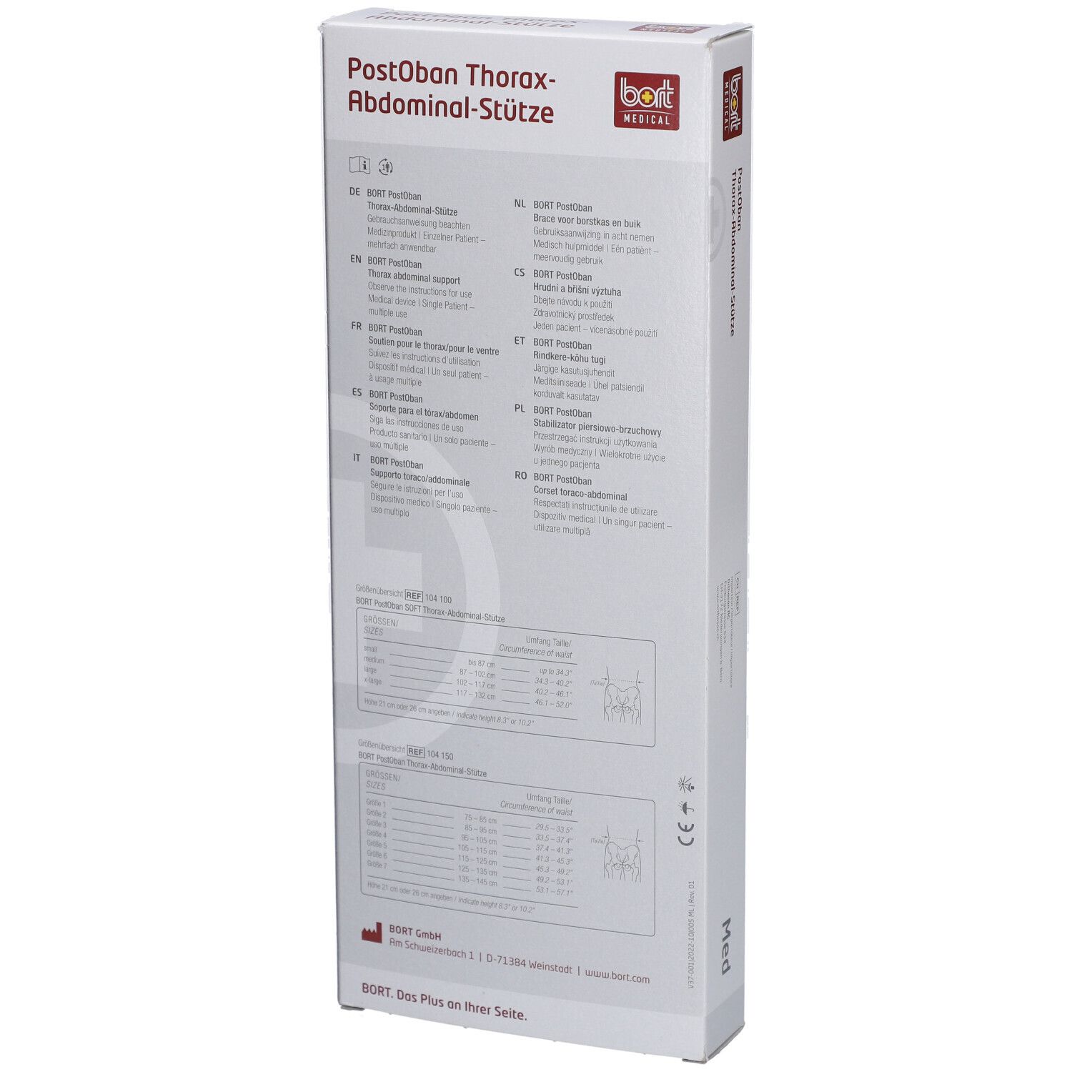 Rückseite der Bort Abdominalstütze Verpackung. Text in verschiedenen Sprachen. Größe: Med.