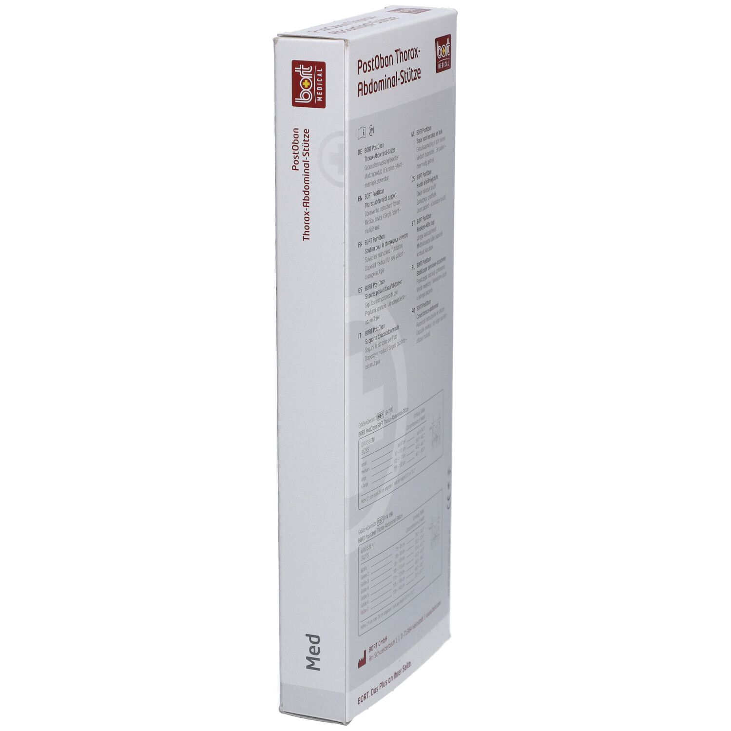 Seitenansicht der Bort Abdominalstütze Verpackung. Produktname und Logo sichtbar. Größe: Med.