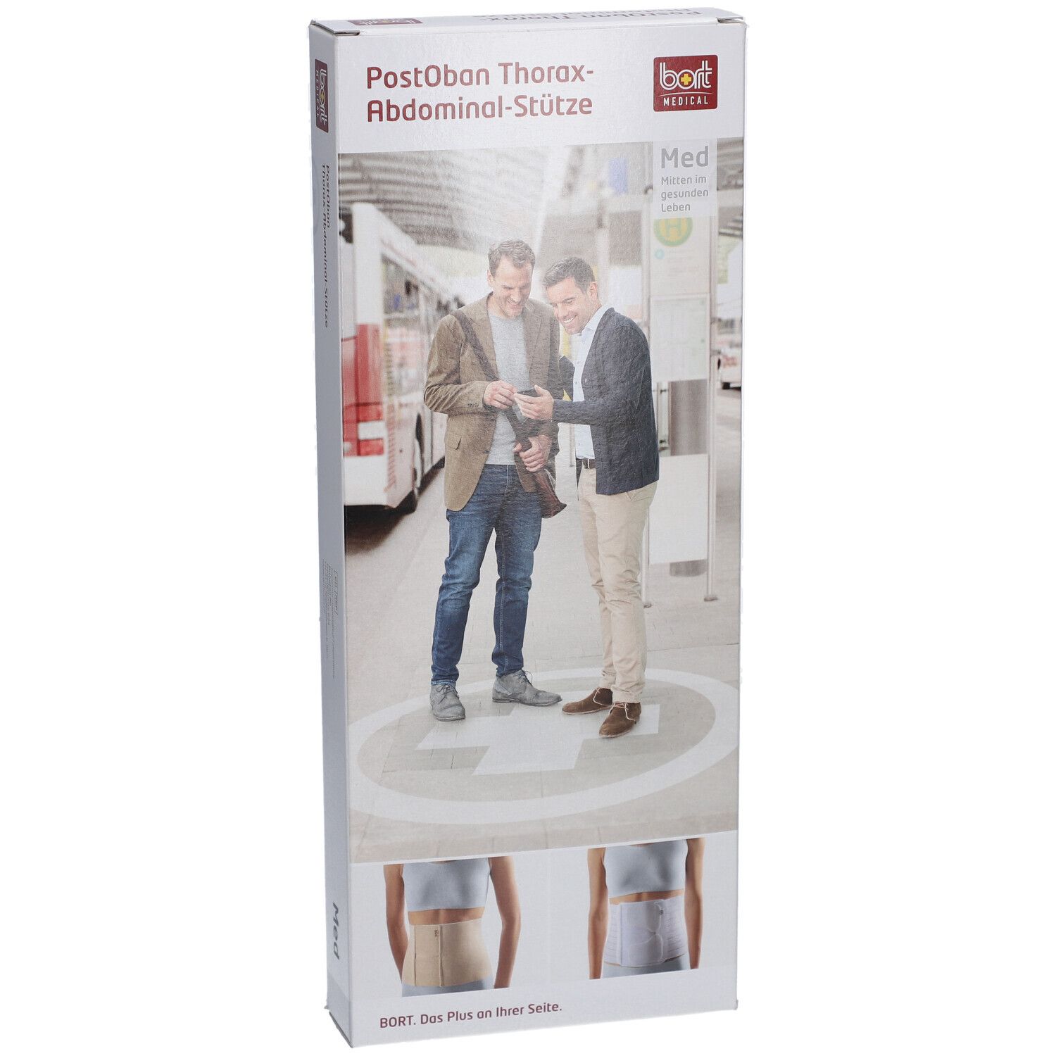 Vorderseite der Bort Abdominalstütze Verpackung. Produktabbildung und Personen. Größe: Med.
