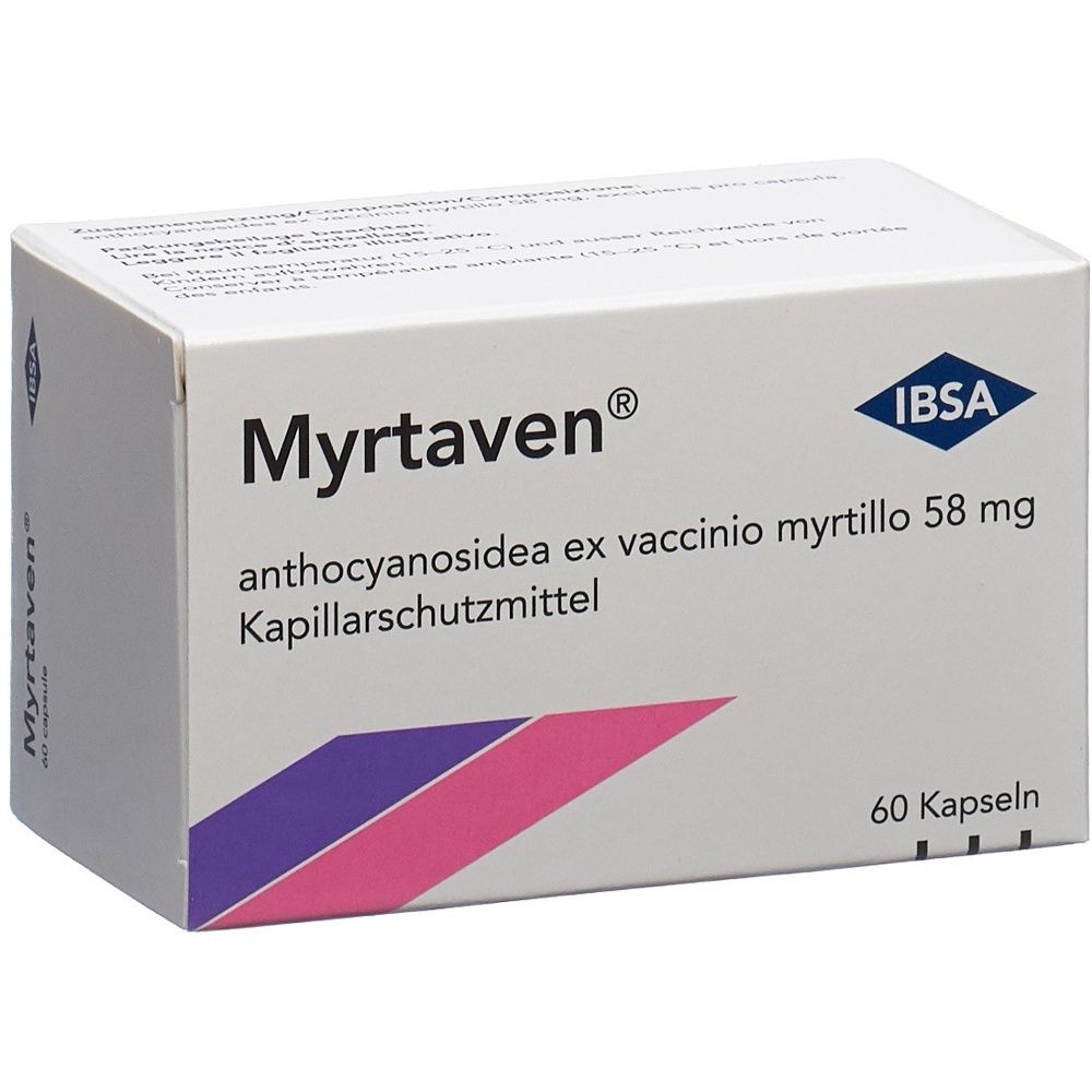 Karton mit der Aufschrift Myrtaven. Auf der Verpackung sind rosa und violette Streifen zu sehen. Der Karton enthält 60 Stück.