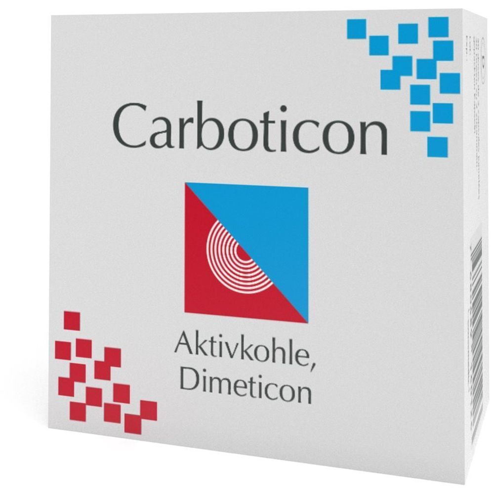 Weiße Verpackung mit "Carboticon"-Schriftzug und Logo. Darunter "Aktivkohle, Dimeticon". Eckdesign mit roten und blauen Quadraten.
