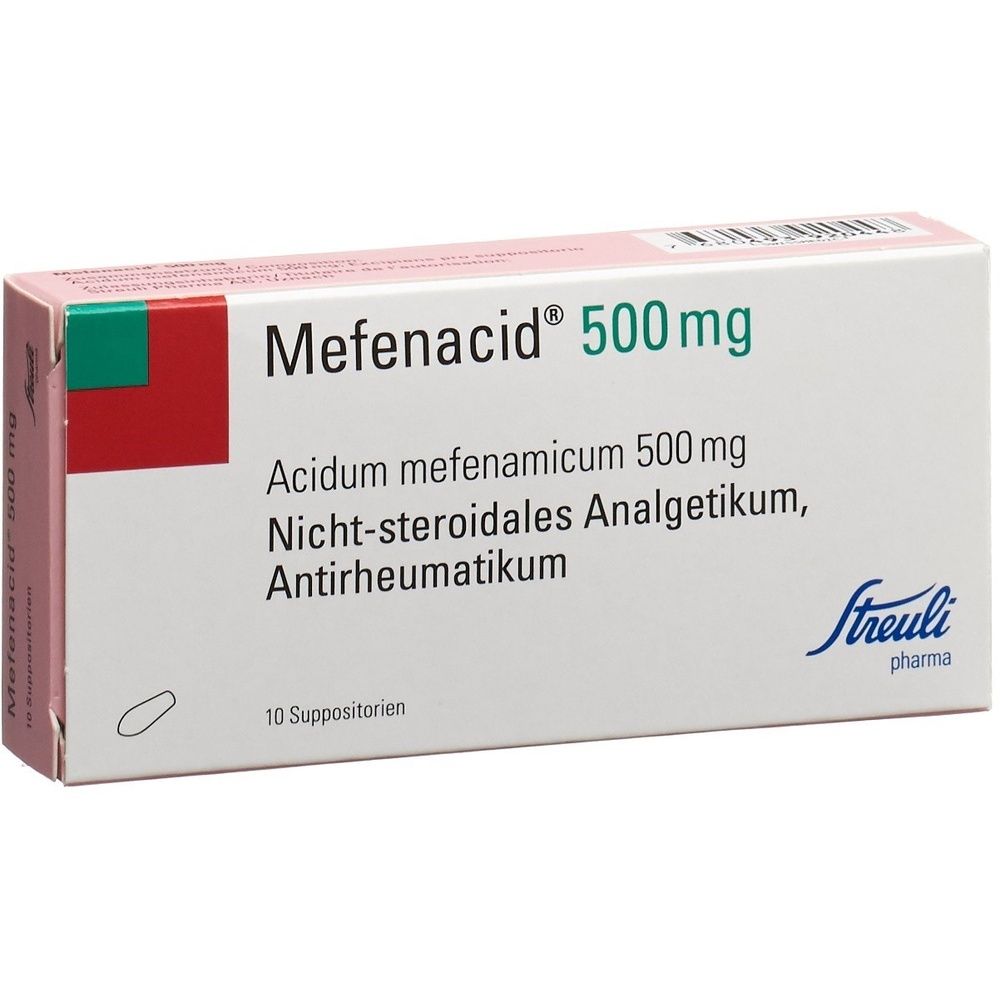 Kartonpackung mit rotem und grünem Design. Aufschrift: Mefenacid 500mg. Herstellerlogo. Weiße Schrift auf grauem Hintergrund.