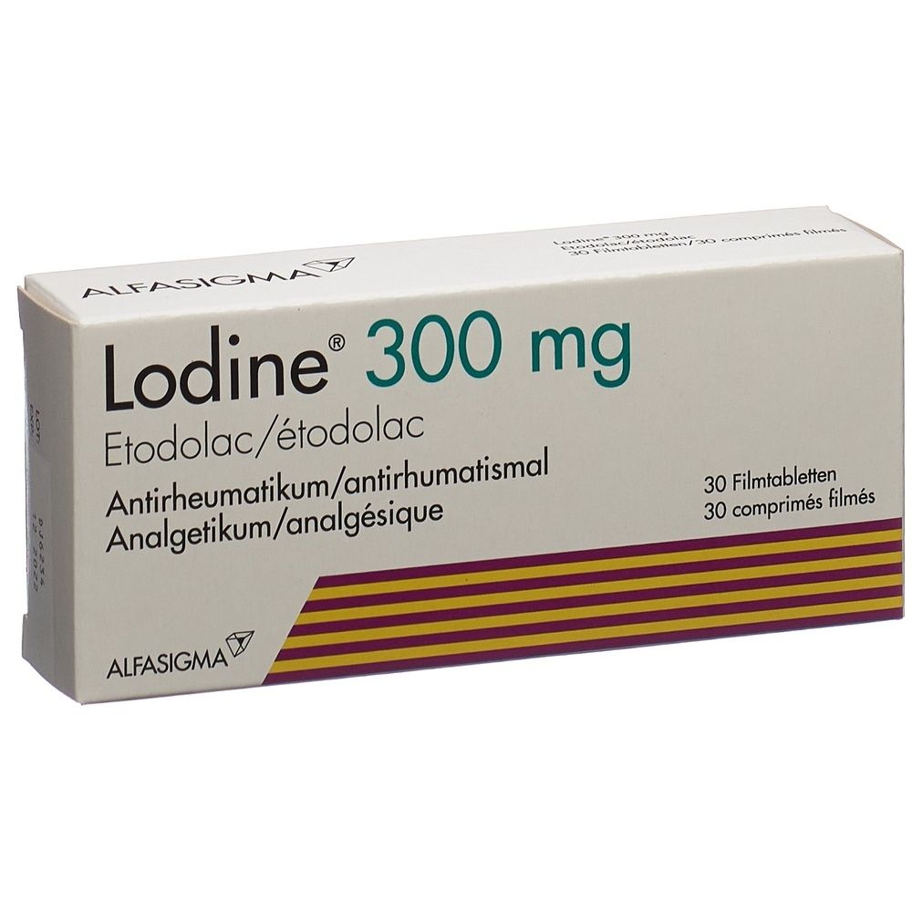 Kartonverpackung mit der Aufschrift "LODINE 300 mg". Die Verpackung ist rechteckig und hat eine braune und weiße Farbgebung.
