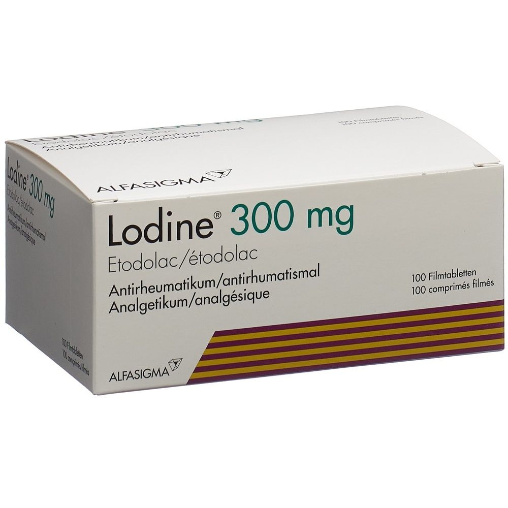 Kartonverpackung mit der Aufschrift "Lodine 300 mg". Die Verpackung ist weiß mit braunen und grauen Elementen.