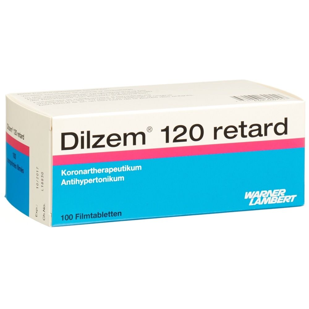 Boîte de DILZEM Retard Filmtabl 120 mg. Boîte blanche avec bande bleue et rouge. Texte: DILZEM 120 retard.