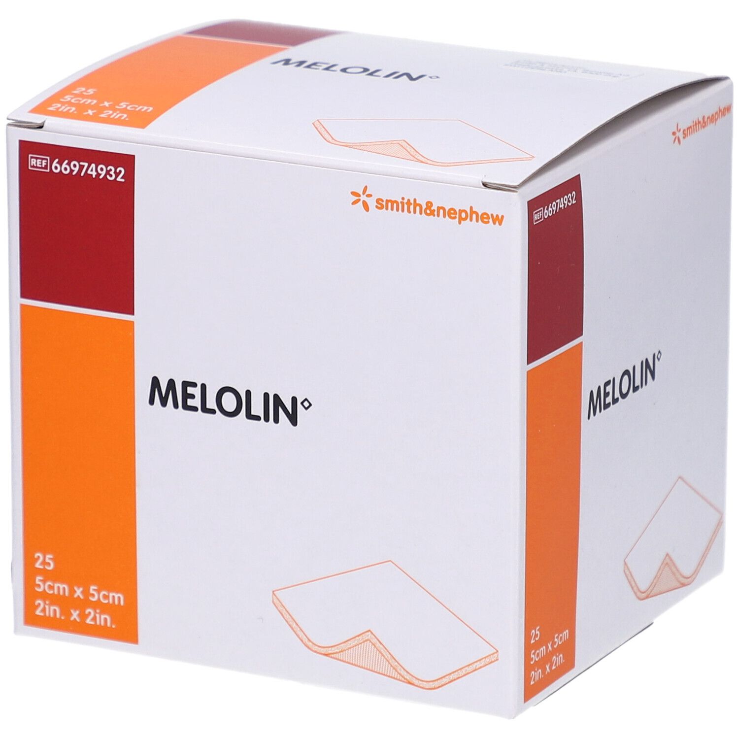 MELOLIN Kompressen-Box. 25 sterile Kompressen, 5x5cm. Hersteller: Smith & Nephew. Verpackung mit Produktabbildung.
