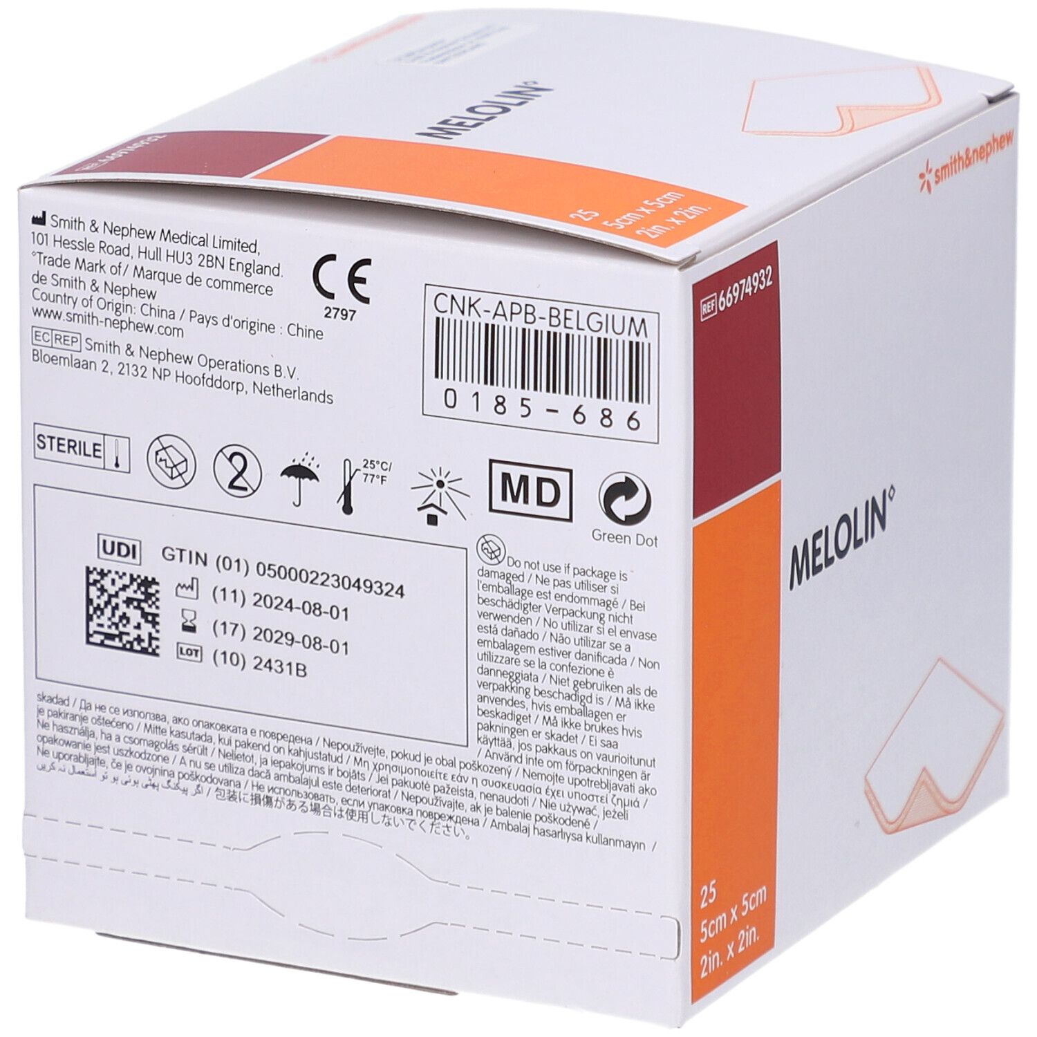 Rückseite der MELOLIN Kompressen-Box. Enthält Informationen zu Hersteller, Chargennummer, Haltbarkeit und Zertifizierungen.