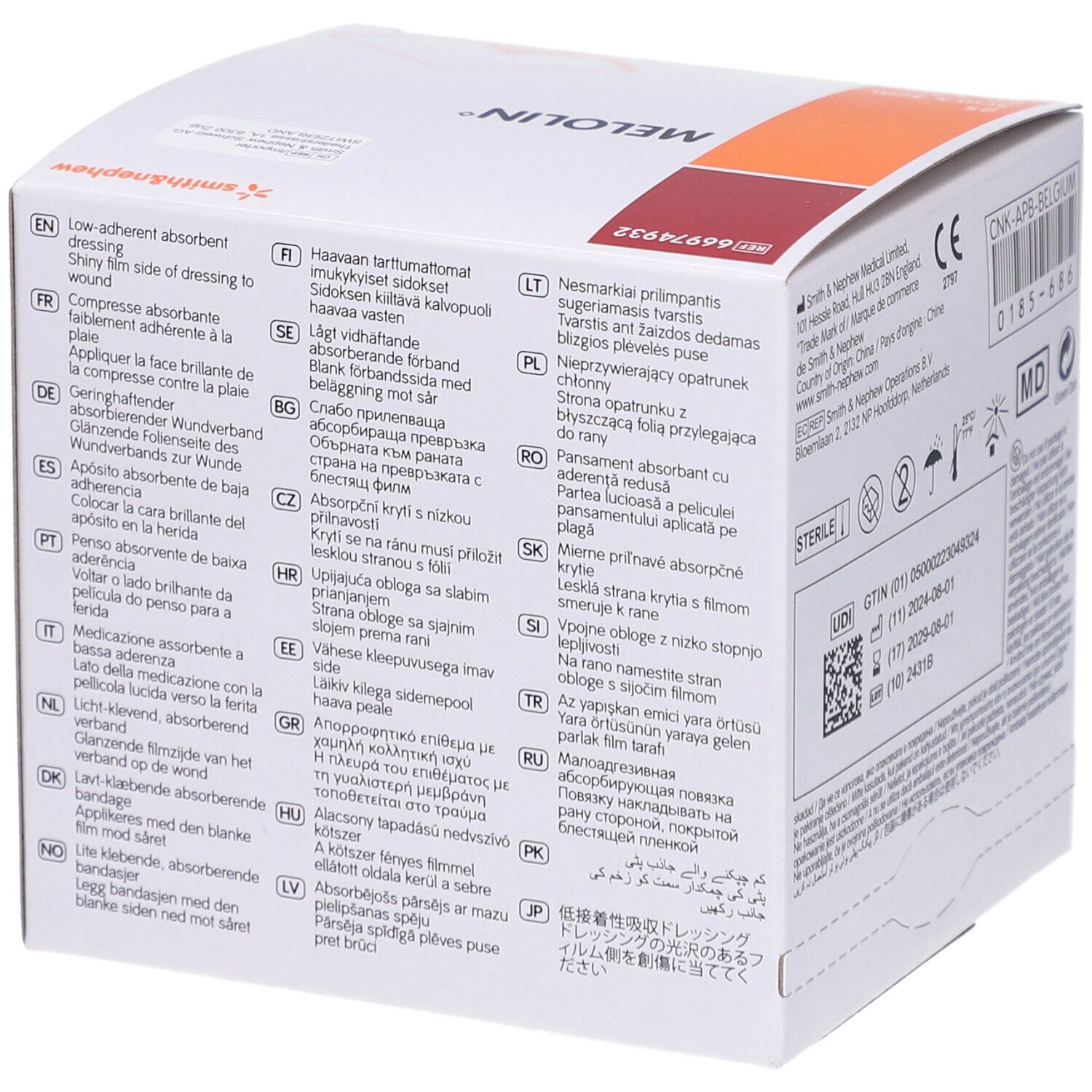 Seite der MELOLIN Kompressen-Box mit mehrsprachigen Produktbeschreibungen. Enthält auch Zertifizierungen.