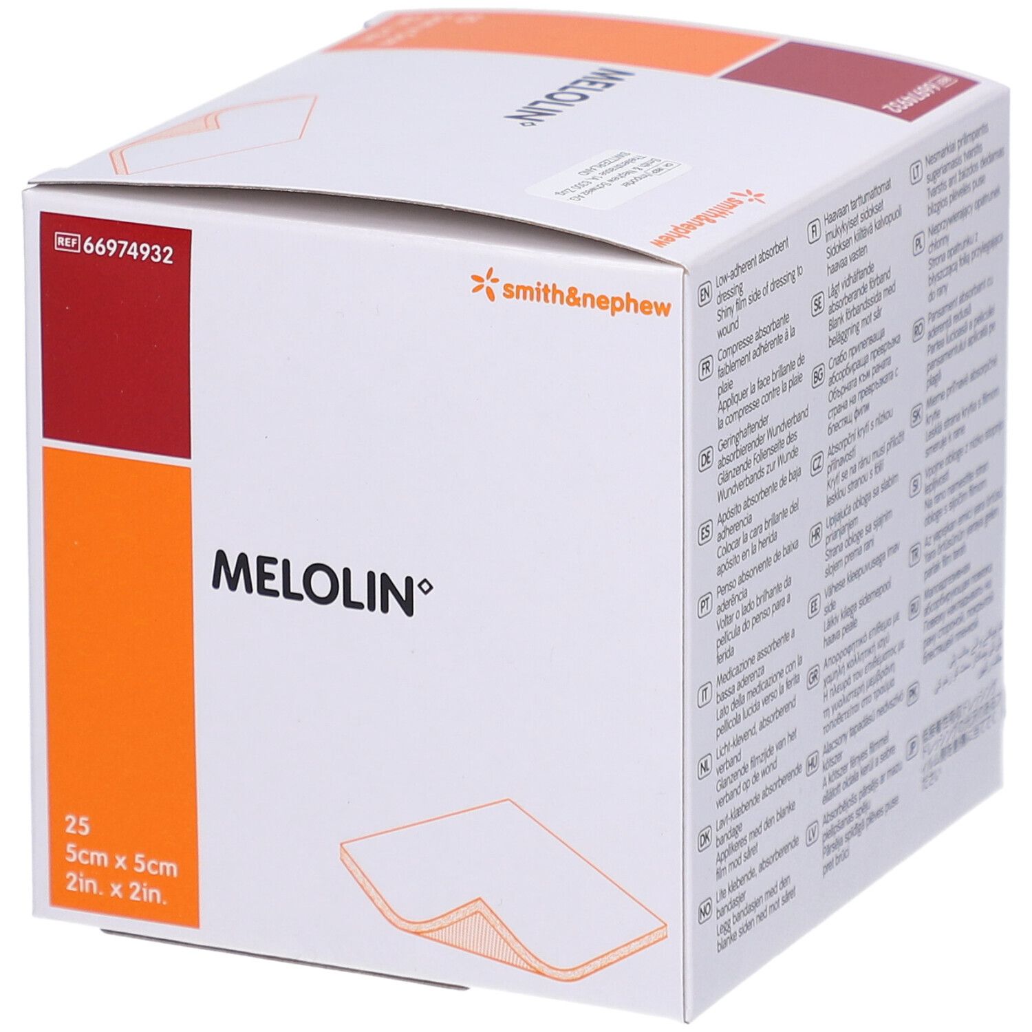 MELOLIN Kompressen-Box. 25 sterile Kompressen, 5x5cm. Hersteller: Smith & Nephew. Verpackung mit Produktabbildung.