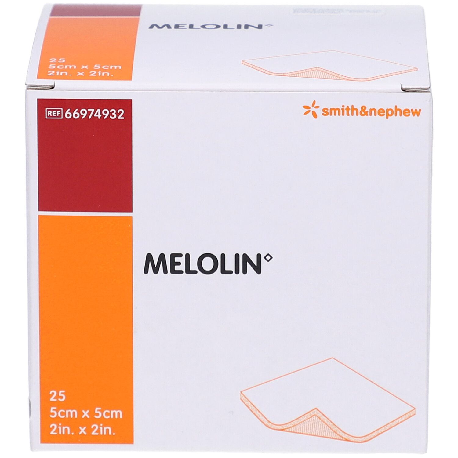 MELOLIN Kompressen-Box. 25 sterile Kompressen, 5x5cm. Hersteller: Smith & Nephew. Verpackung mit Produktabbildung.