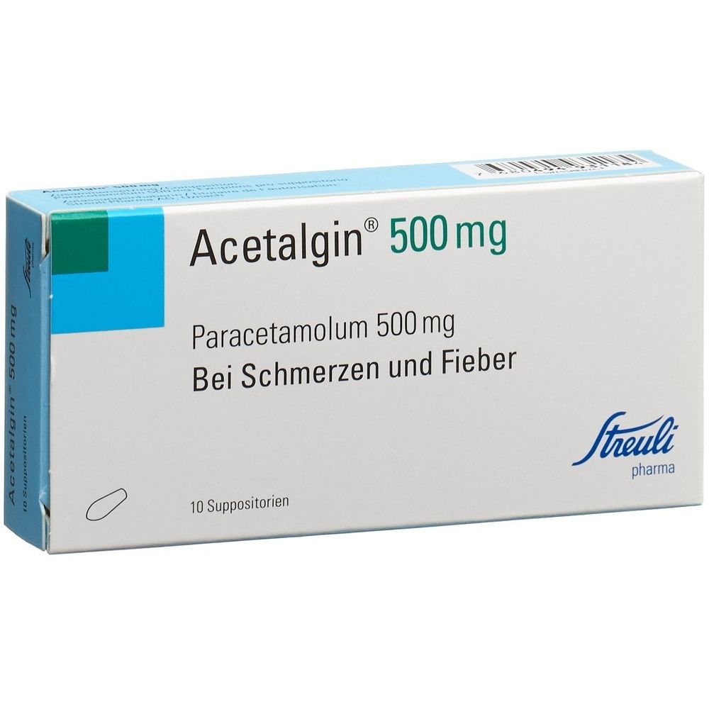 Schachtel mit ACETALGIN 500 mg. Aufschrift: Paracetamolum 500 mg, Bei Schmerzen und Fieber. 10 Zäpfchen. Marke: Streuli pharma.