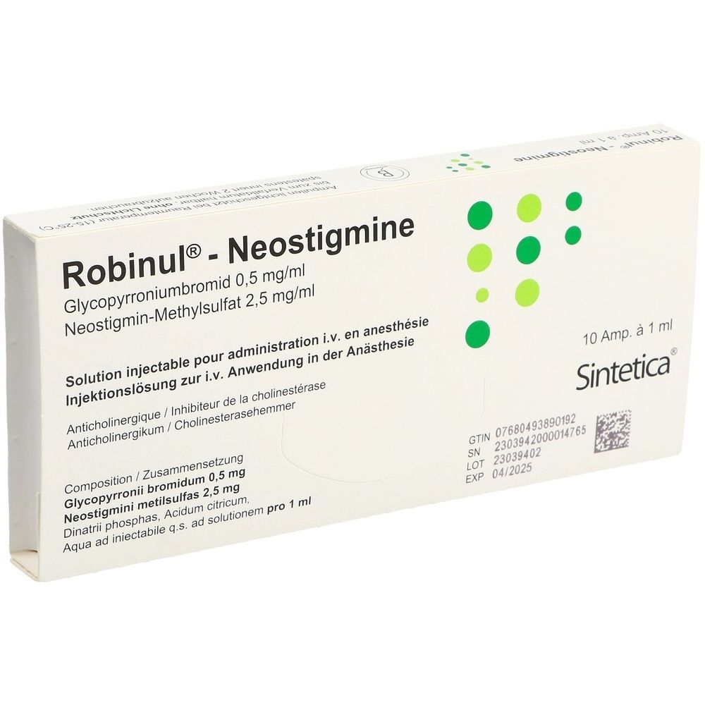 Karton ROBINUL Neostigmine Inj Lös. Aufschrift und grüne Punkte. Weißer Hintergrund.