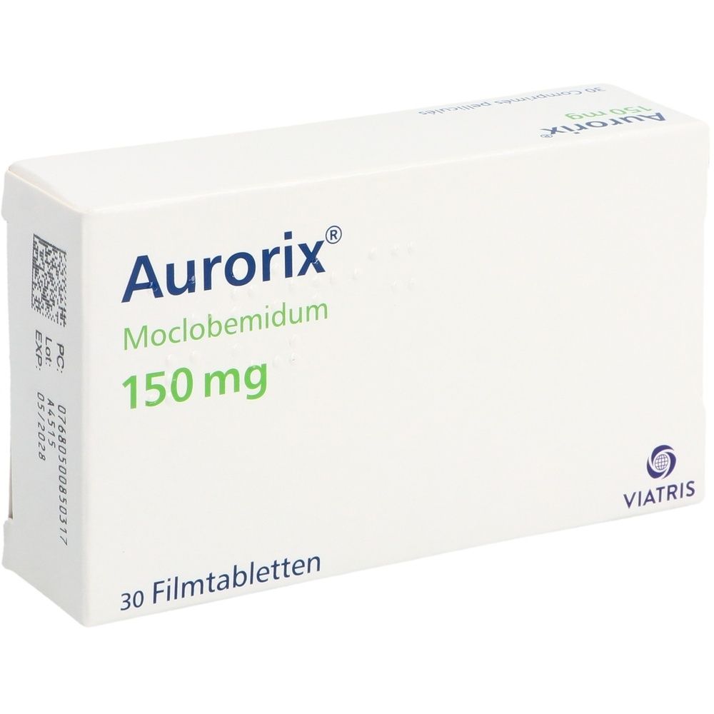 Weiße rechteckige Schachtel mit der Aufschrift "Aurorix 150 mg". Auf der Seite steht "30 Stk".