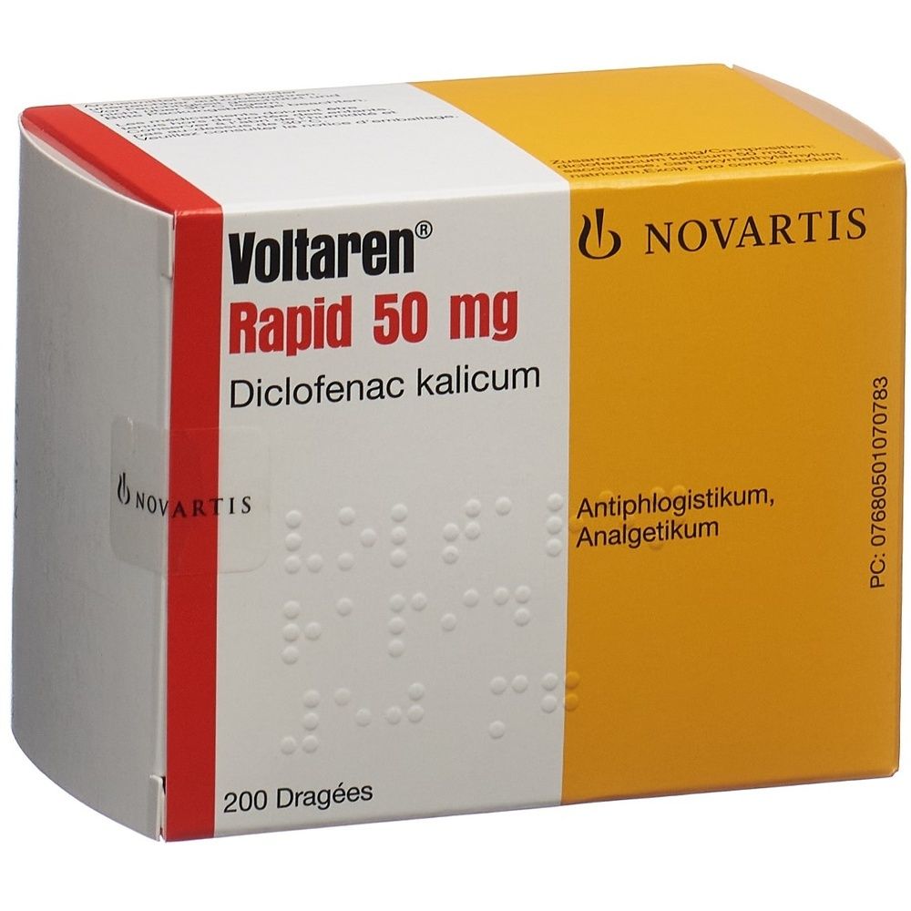 Karton VOLTAREN Rapid 50 mg. Weiß, rot und gelb. Schriftzug VOLTAREN Rapid 50 mg. Apothekenlogo.