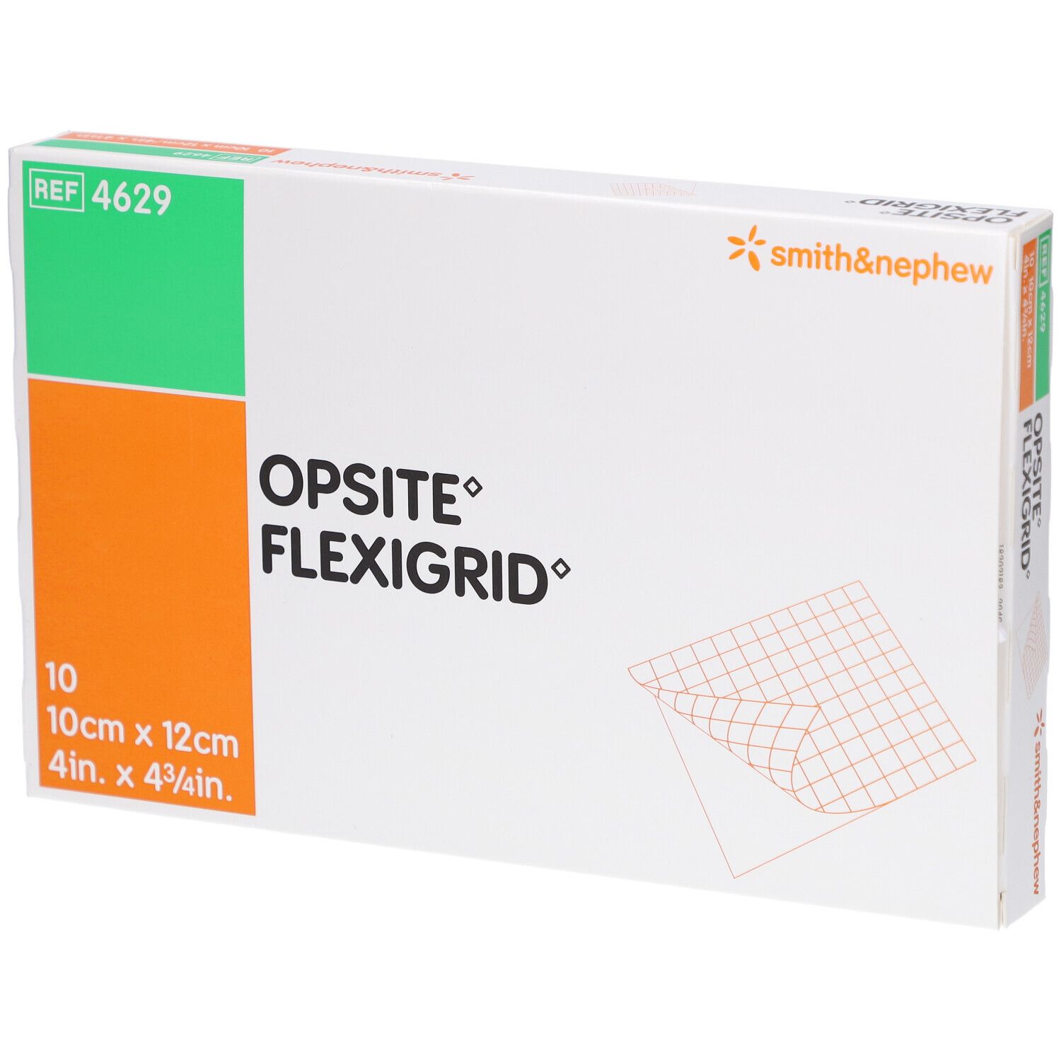 Verpackung von OPSITE Flexigrid. Enthält 10 Verbände, 10cm x 12cm. Mit Smith & Nephew Logo und REF 4629.