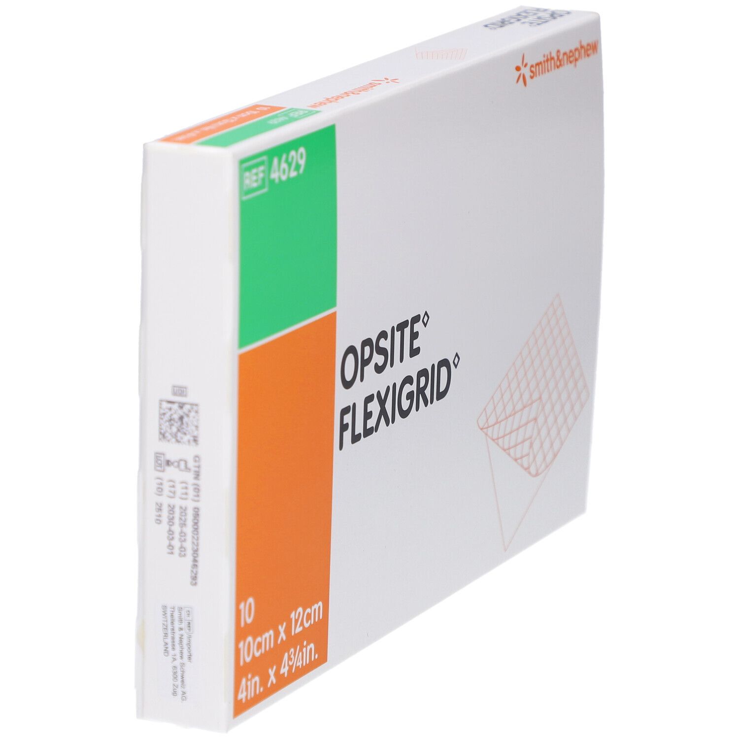 Schräg gestellte Verpackung von OPSITE Flexigrid. Enthält 10 Verbände, 10cm x 12cm. REF 4629.