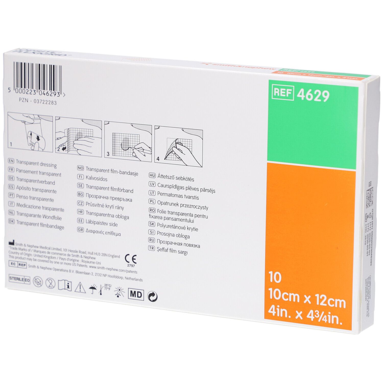 Rückseite der OPSITE Flexigrid Verpackung. Enthält Anweisungen und Größenangaben. REF 4629.