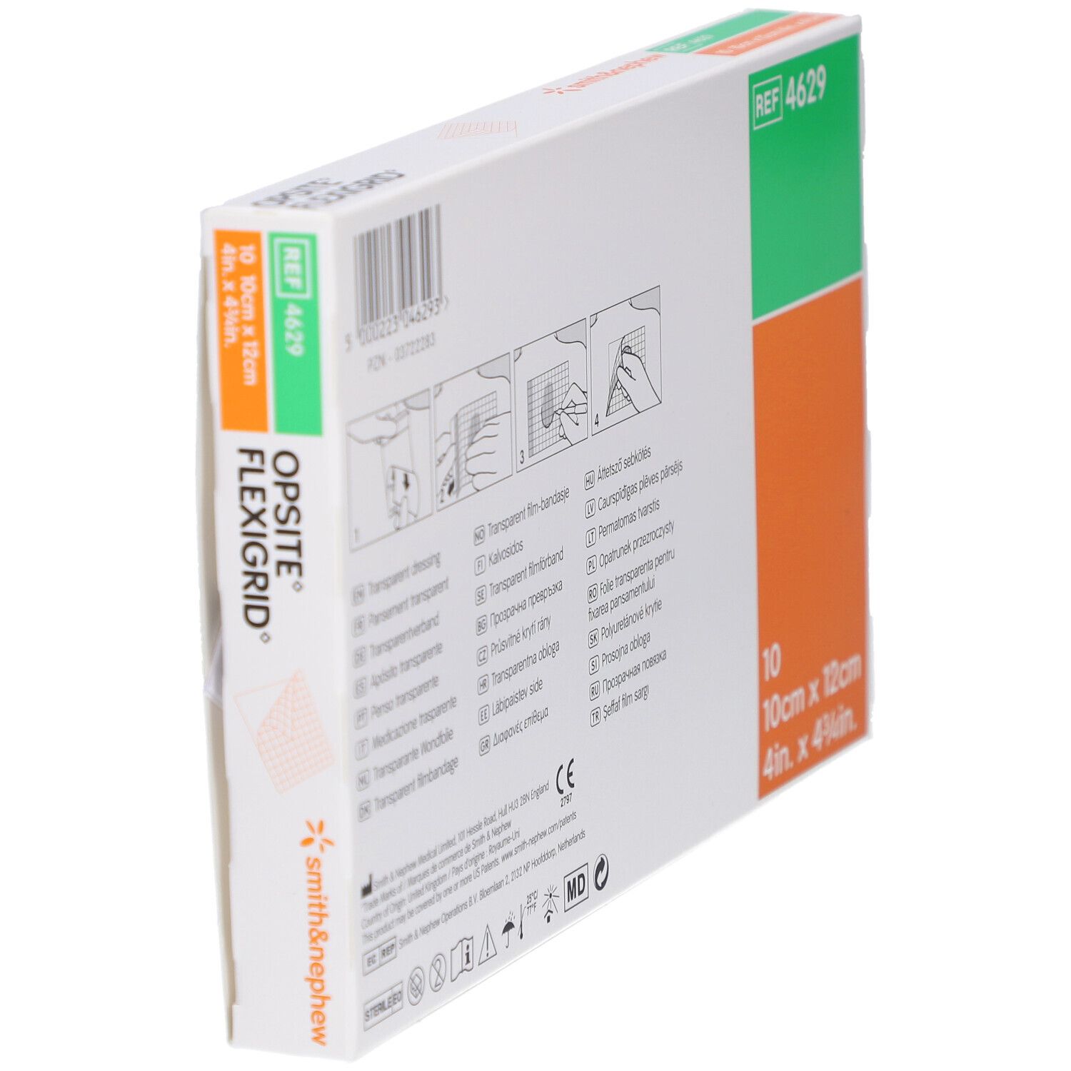 Schräg gestellte Verpackung von OPSITE Flexigrid. Enthält Anweisungen und Größenangaben. REF 4629.