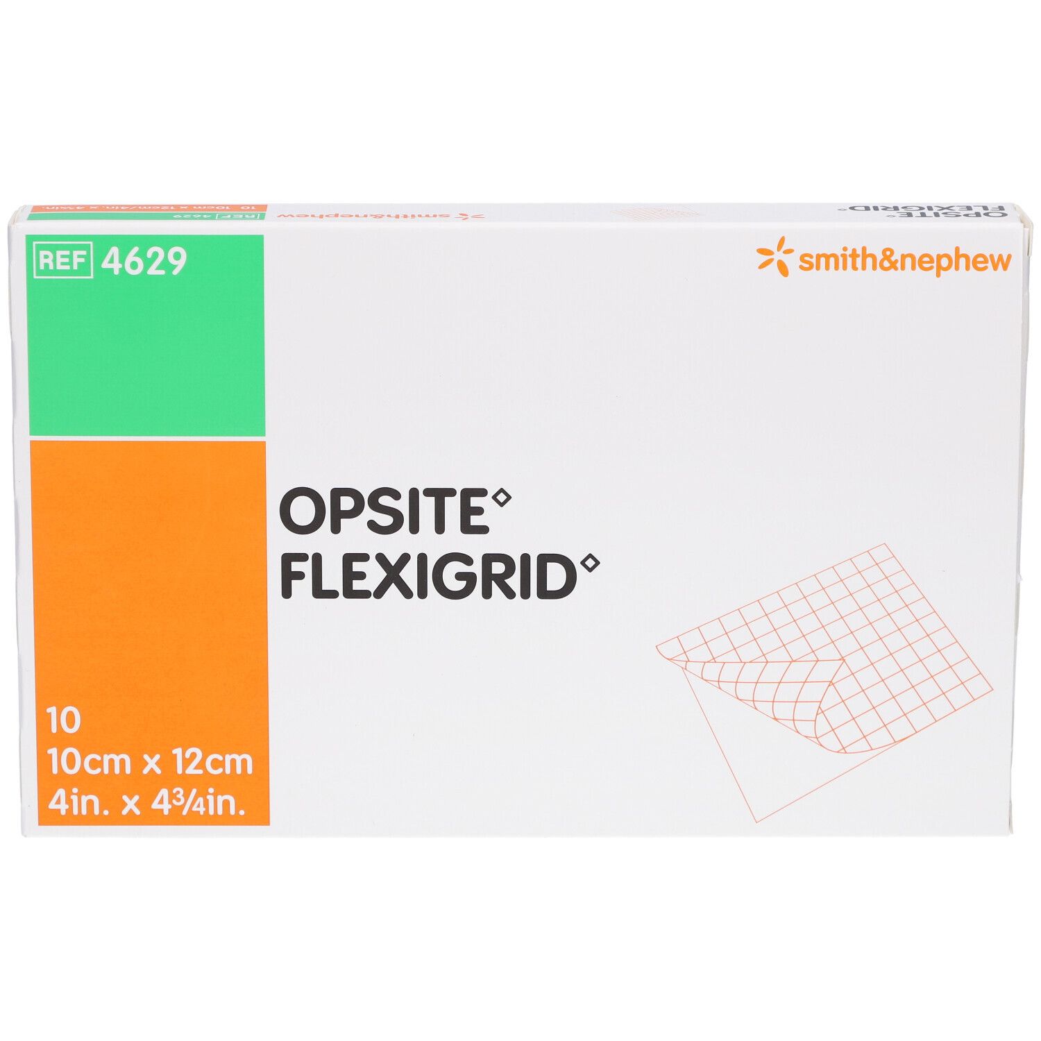 Verpackung von OPSITE Flexigrid. Enthält 10 Verbände, 10cm x 12cm. Mit Smith & Nephew Logo und REF 4629.