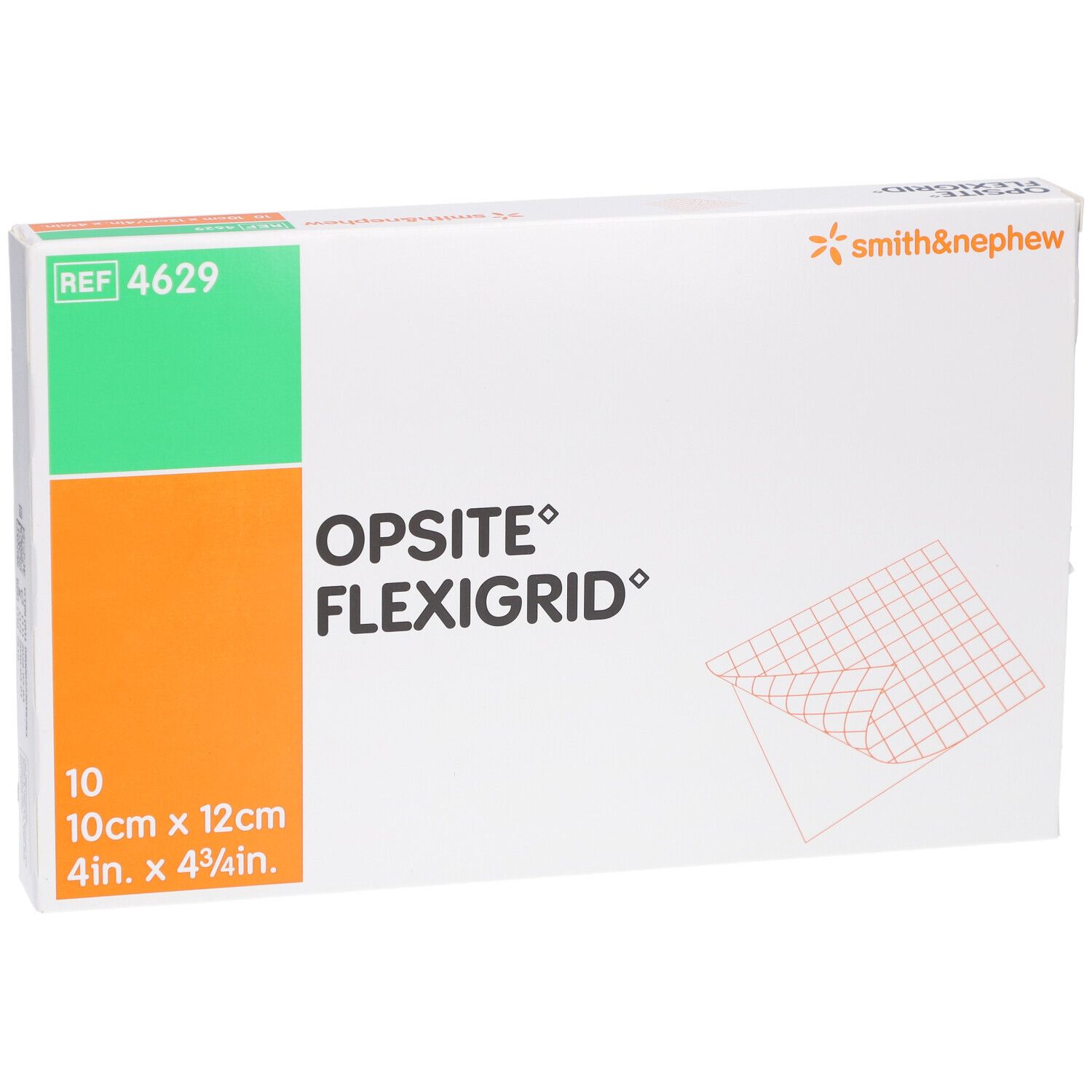 Verpackung von OPSITE Flexigrid. Enthält 10 Verbände, 10cm x 12cm. Mit Smith & Nephew Logo und REF 4629.