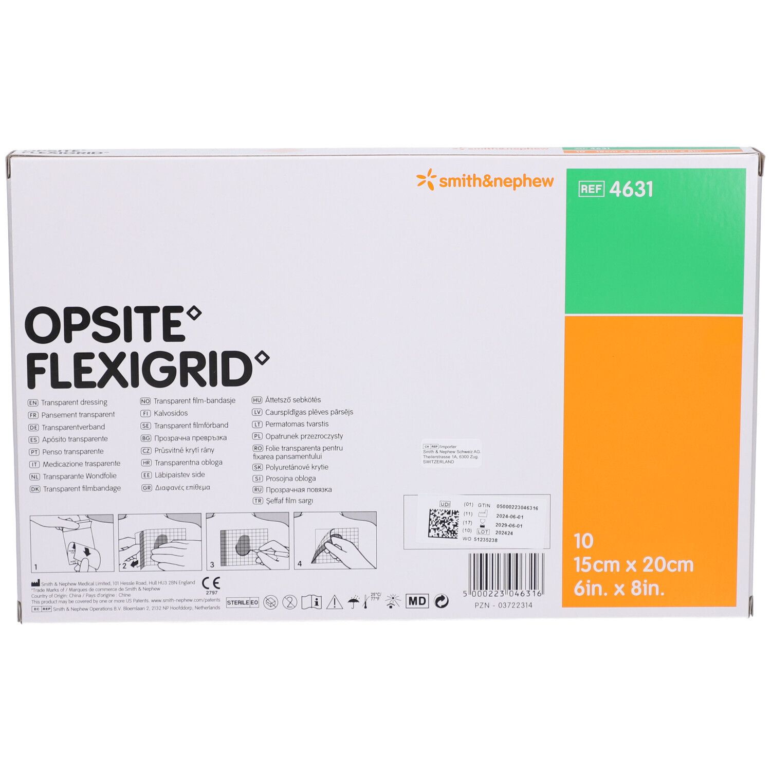Rückseite der Opsite Flexigrid-Verpackung. Enthält Informationen und Piktogramme. Größe: 15 x 20 cm. Grün-orangefarbenes Design.