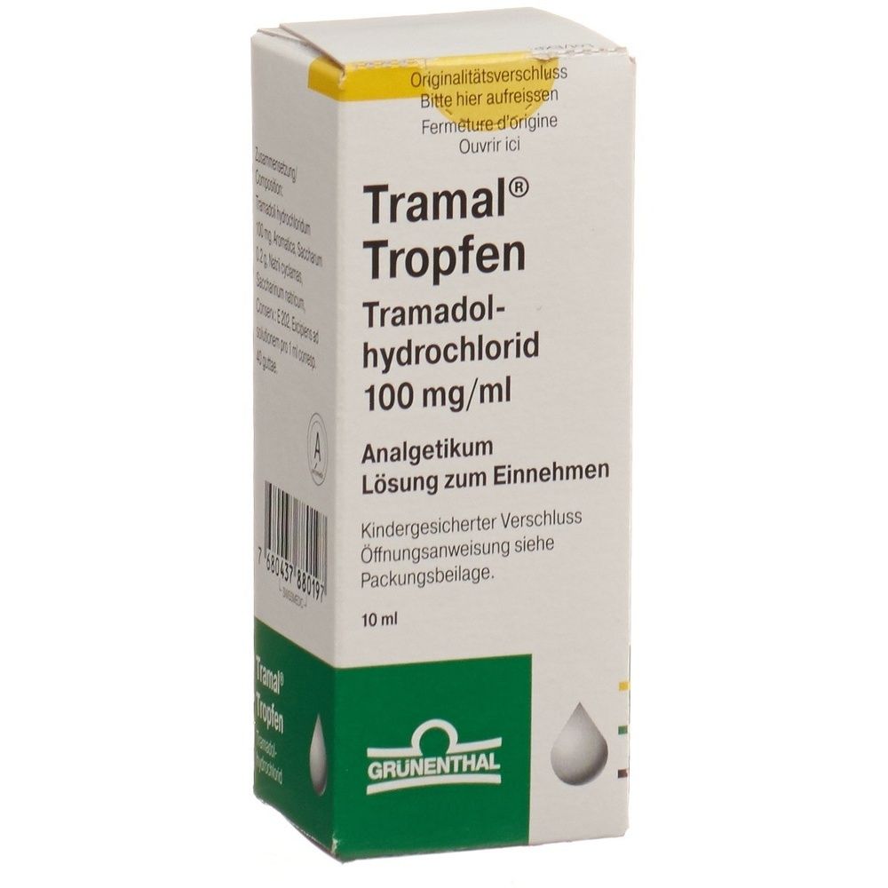 Kartonverpackung mit Produktnamen Tramal Tropfen. Enthält Tramadolhydrochlorid. Grünenthal Logo. Text in Deutsch.