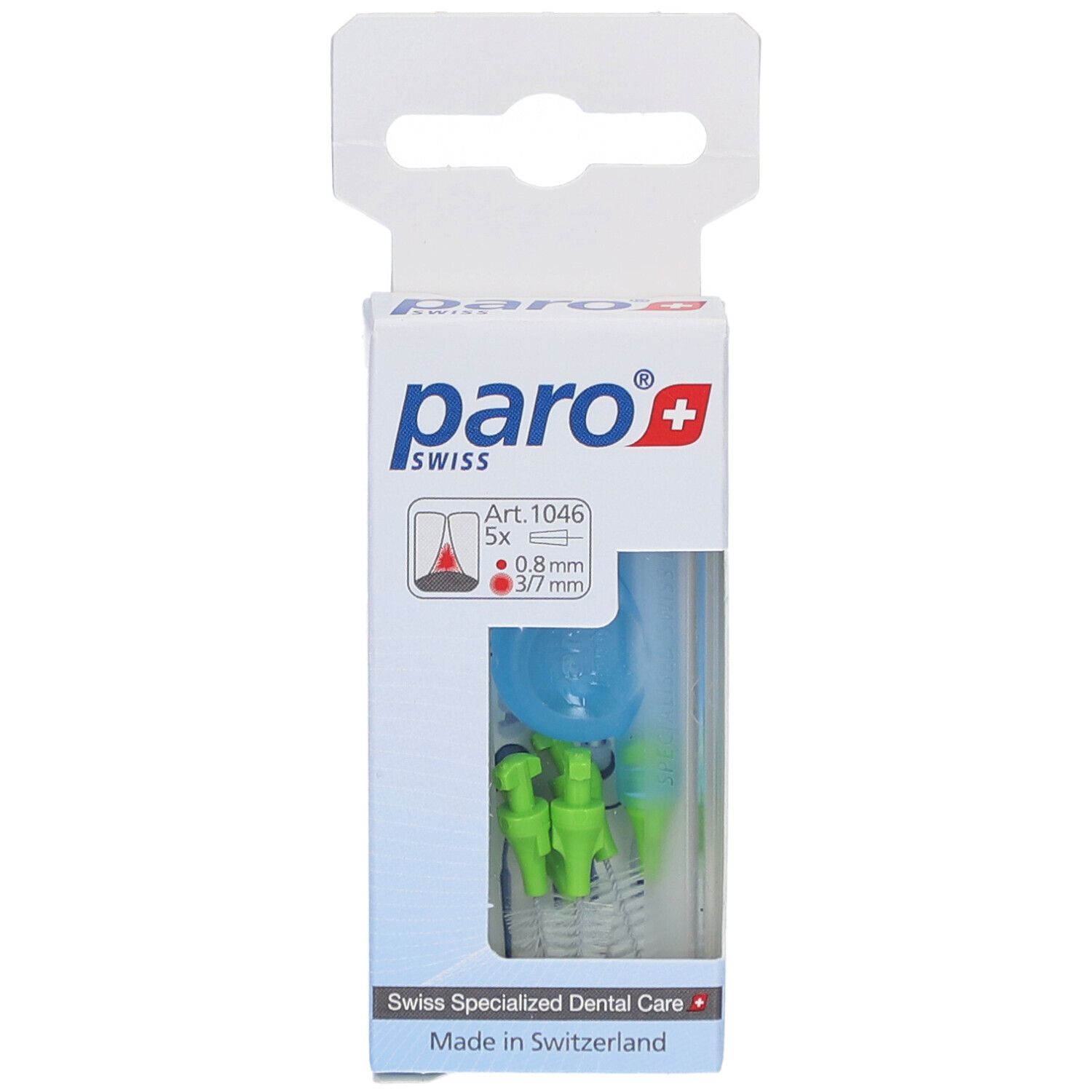 Emballage de brosses interdentaires. Têtes de brosse vert clair, support bleu. Inscription : paro swiss.