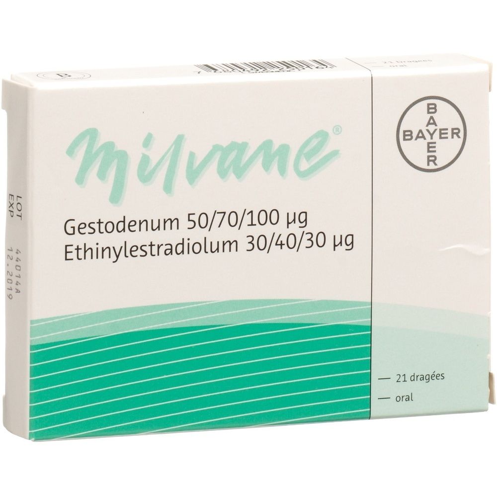 Weiße Schachtel mit Produktnamen Milvane. Enthält Informationen zu Gestodenum und Ethinylestradiolum. Bayer-Logo.