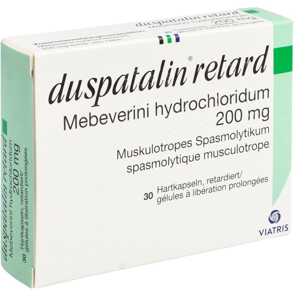 Karton mit der Aufschrift "duspatalin retard". Grün-weiße Verpackung. Enthält 200 mg Mebeverin Hydrochlorid.