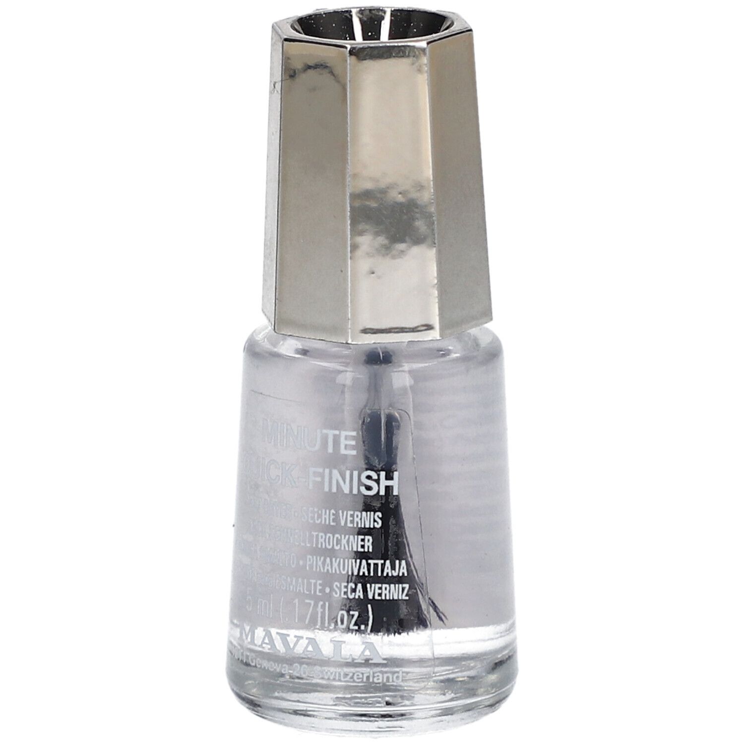 Flacon de vernis à ongles transparent avec bouchon argenté. Pinceau intégré. Inscription: Minute Quick Finish.