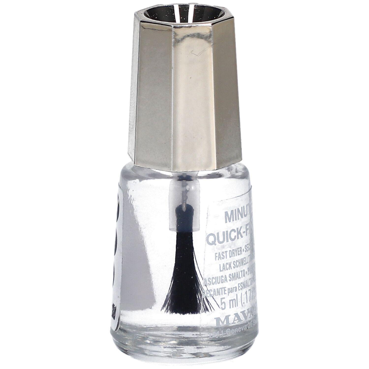 Flacon de vernis à ongles transparent avec bouchon argenté. Pinceau intégré. Inscription: Minute Quick Finish.
