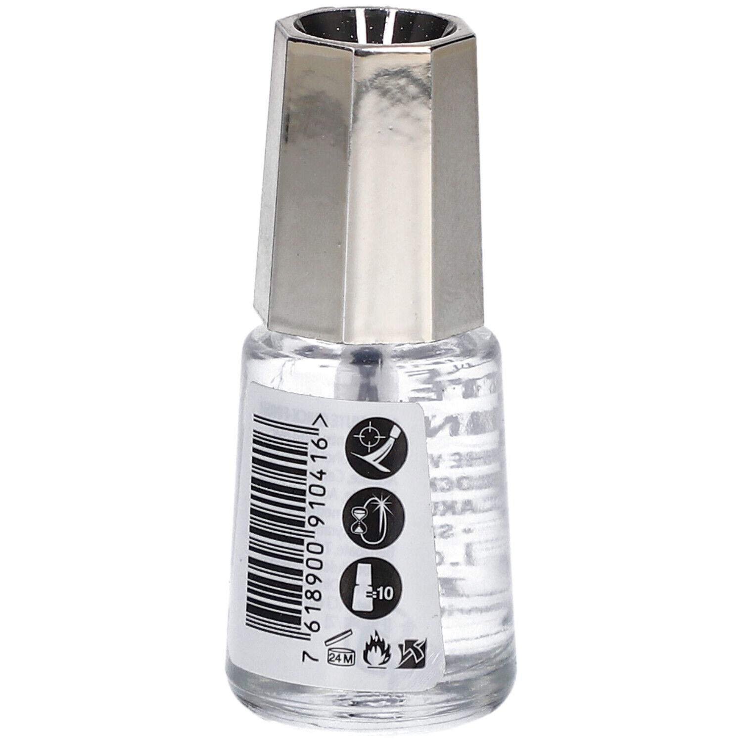 Flacon de vernis à ongles transparent avec bouchon argenté. Code-barres et pictogrammes sur l'étiquette.