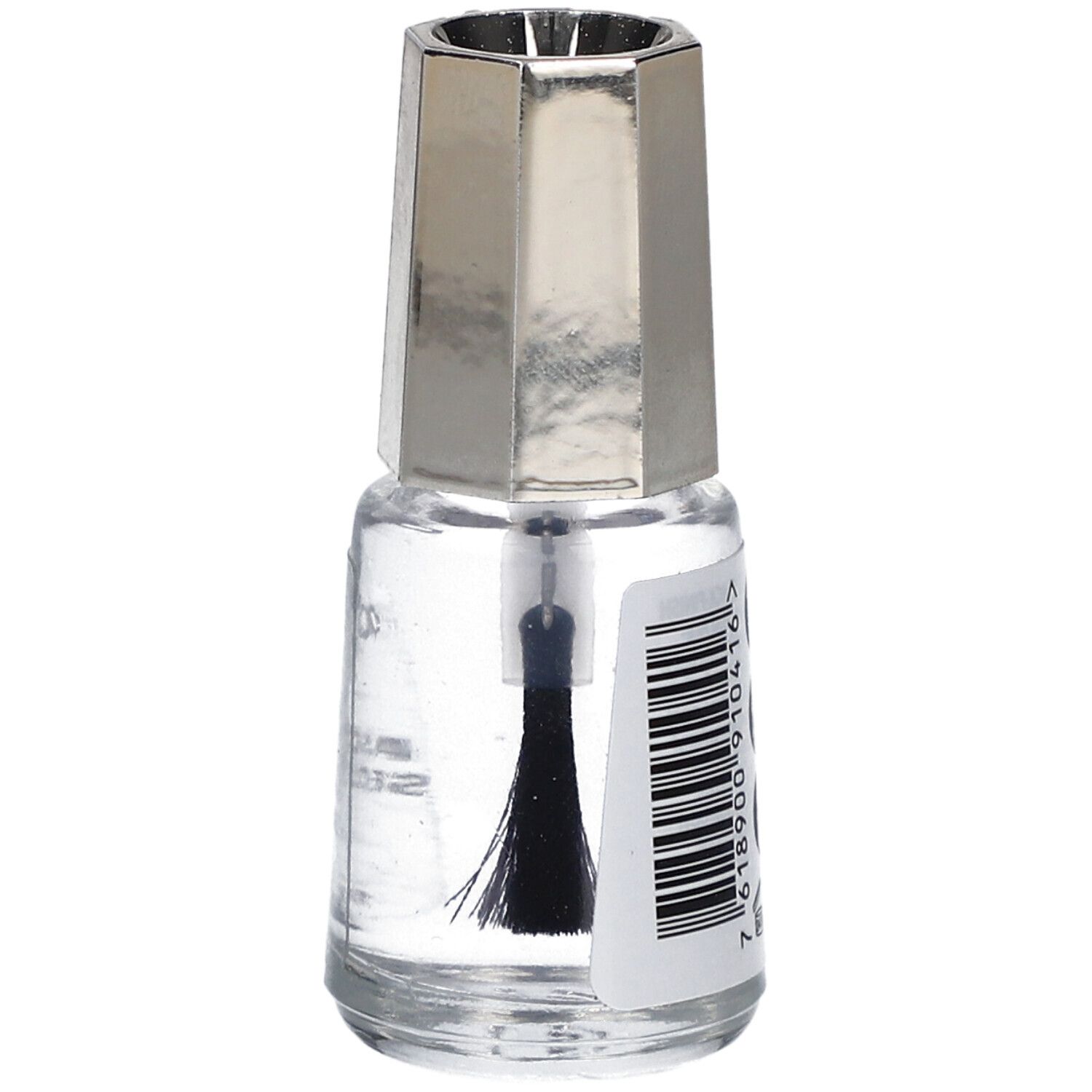 Flacon de vernis à ongles transparent avec bouchon argenté. Code-barres sur l'étiquette.
